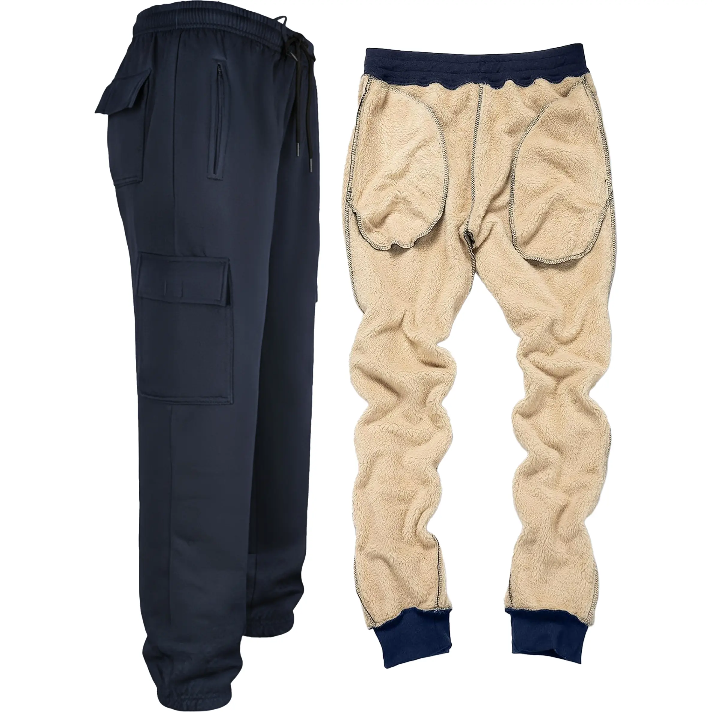 Mens Sherpa Lined Jogging Cargo Bottoms Thermal Fleece Joggers Zip Pockets Combat Elasticated Waist Warm Stretch Soft Thick Sherpa Insulated Trousers