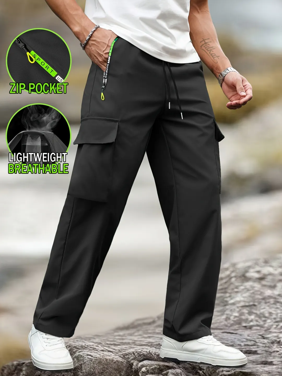 Men’s Plain Multi-Pocket Cargo Trousers – Non-Stretch Woven Fabric, Drawstring Waist, Cuffed Hem, Straight Leg, All-Season---Buy 2 Get 15% Off & Free Shipping!