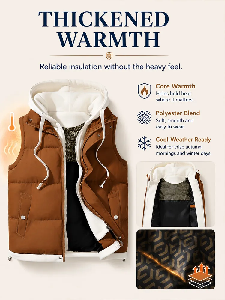 Men’s & Women‘s Matching Hooded Gilet –Faux Two-Piece， Thickened Polyester , Slim Fit, Foldable, Casual Warm Layer for Autumn/Winter---Buy 2 Get 15% Off & Free Shipping!