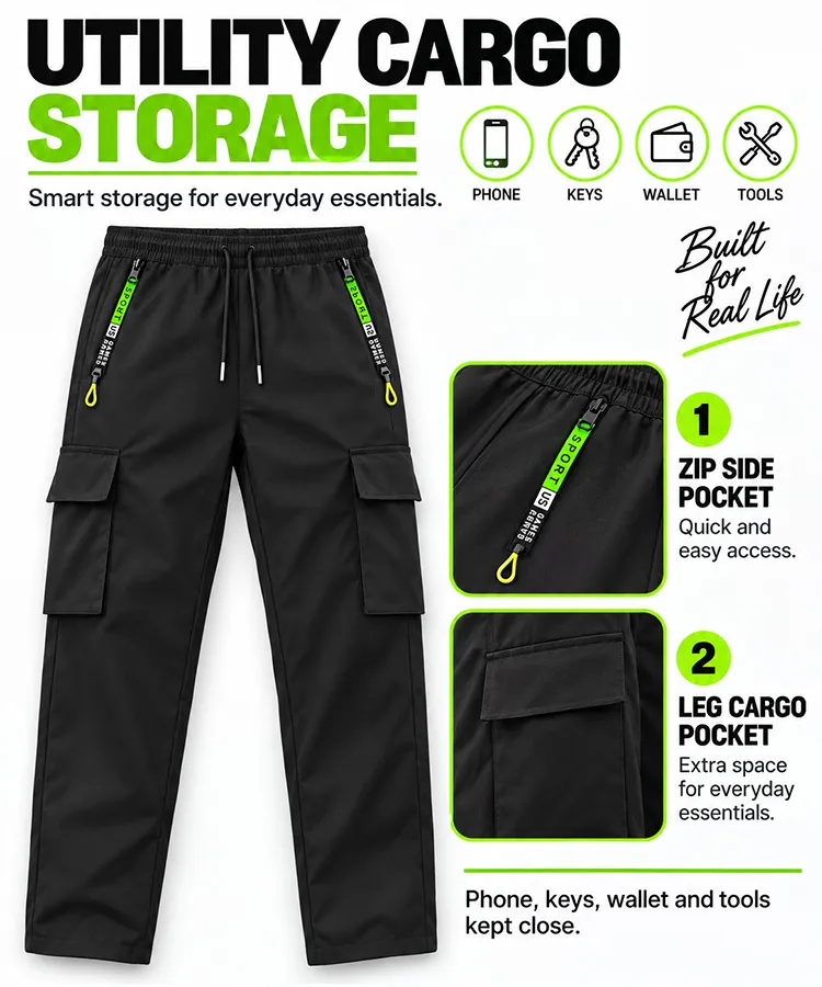 Men’s Plain Multi-Pocket Cargo Trousers – Non-Stretch Woven Fabric, Drawstring Waist, Cuffed Hem, Straight Leg, All-Season---Buy 2 Get 15% Off & Free Shipping!