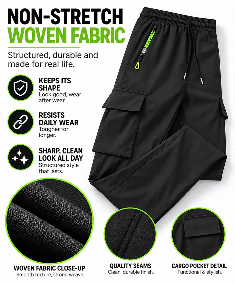 Men’s Plain Multi-Pocket Cargo Trousers – Non-Stretch Woven Fabric, Drawstring Waist, Cuffed Hem, Straight Leg, All-Season---Buy 2 Get 15% Off & Free Shipping!