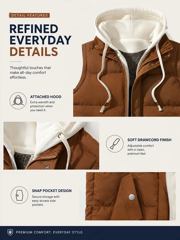 Men’s & Women‘s Matching Hooded Gilet –Faux Two-Piece， Thickened Polyester , Slim Fit, Foldable, Casual Warm Layer for Autumn/Winter---Buy 2 Get 15% Off & Free Shipping!