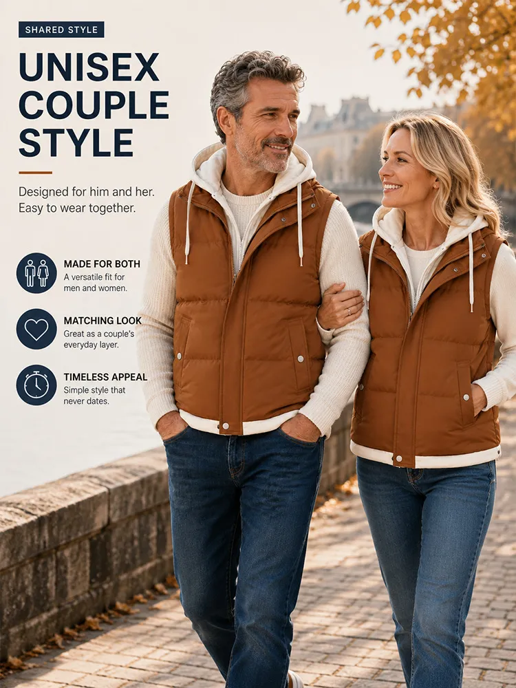 Men’s & Women‘s Matching Hooded Gilet –Faux Two-Piece， Thickened Polyester , Slim Fit, Foldable, Casual Warm Layer for Autumn/Winter---Buy 2 Get 15% Off & Free Shipping!
