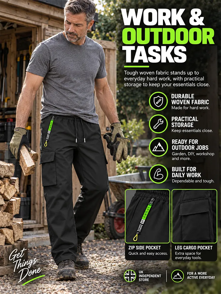 Men’s Plain Multi-Pocket Cargo Trousers – Non-Stretch Woven Fabric, Drawstring Waist, Cuffed Hem, Straight Leg, All-Season---Buy 2 Get 15% Off & Free Shipping!