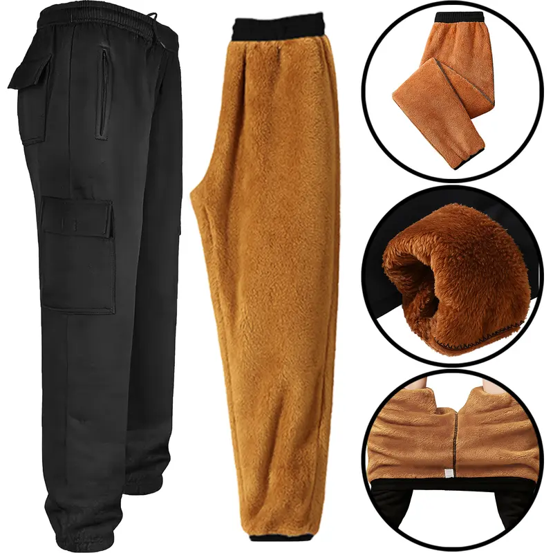 Mens Sherpa Lined Jogging Cargo Bottoms Thermal Fleece Joggers Zip Pockets Combat Elasticated Waist Warm Stretch Soft Thick Sherpa Insulated Trousers