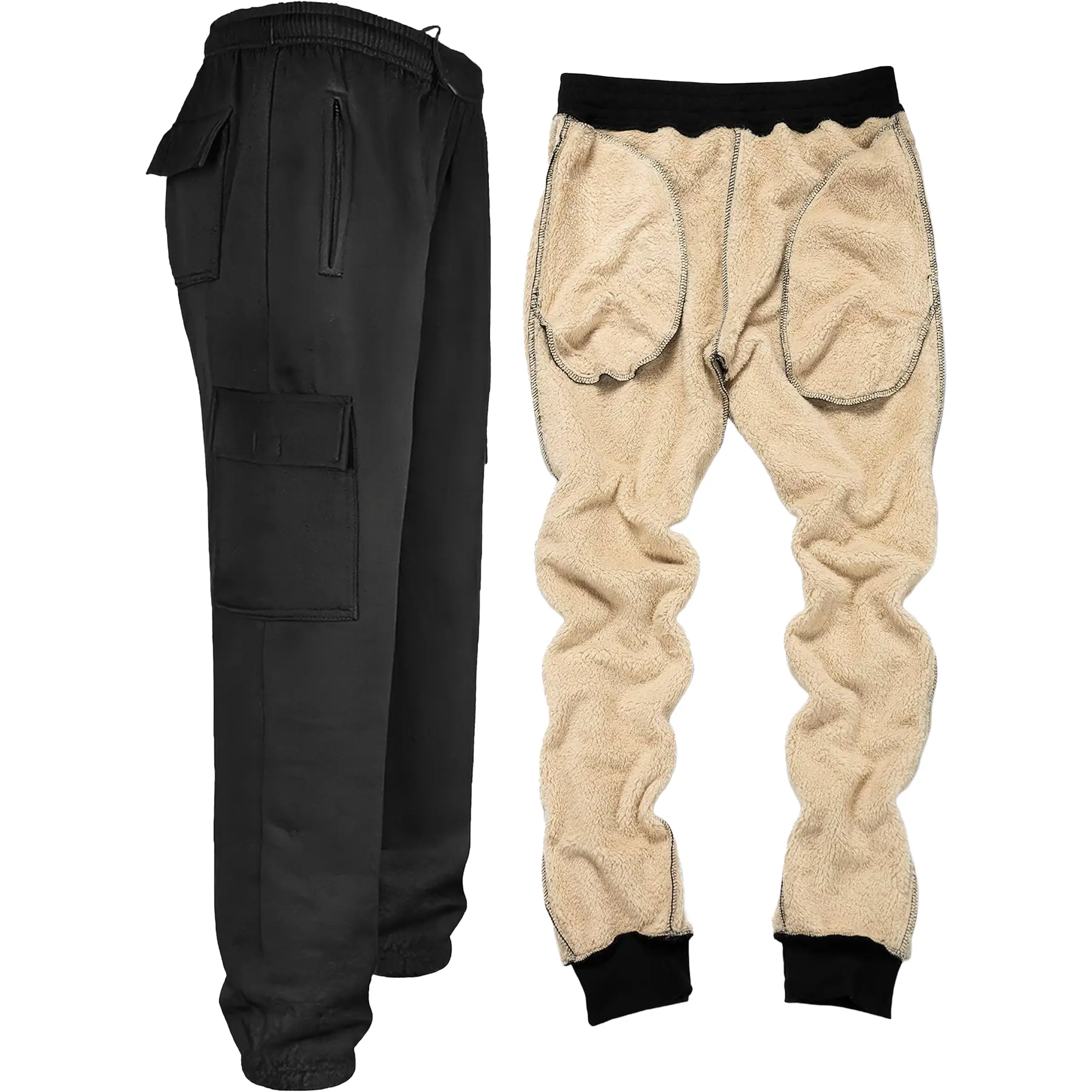 Mens Sherpa Lined Jogging Cargo Bottoms Thermal Fleece Joggers Zip Pockets Combat Elasticated Waist Warm Stretch Soft Thick Sherpa Insulated Trousers