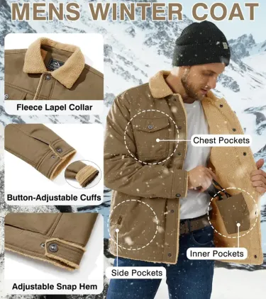 Men's Sherpa Lined Trucker Jacket – Windproof Cotton Shell, Multi-Pocket, Adjustable Cuffs & Hem, Winter Outdoor Coat---Buy 2 Get 15% Off & Free Shipping!