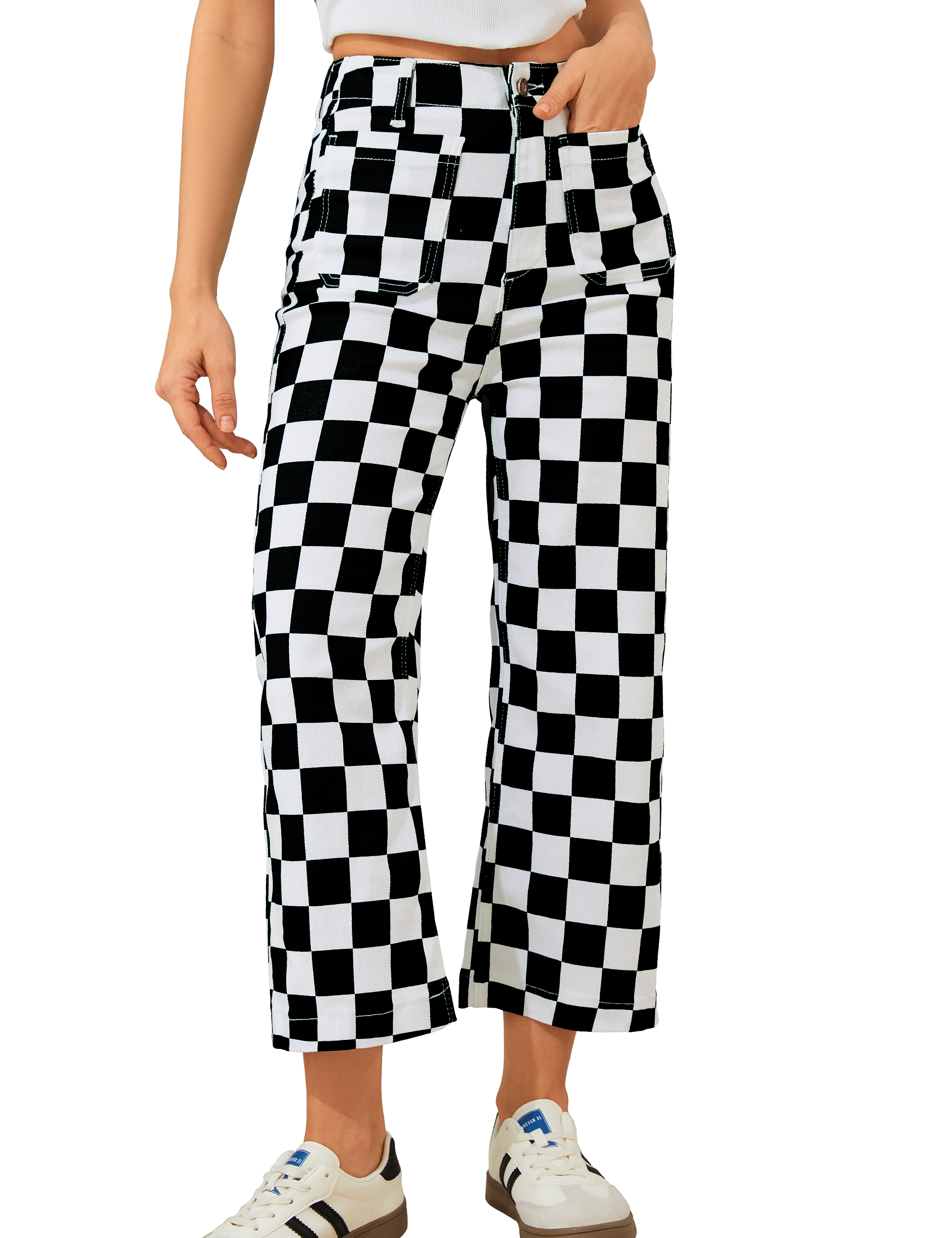 Cropped Jeans for Women Checkered Pants Casual High Waisted Stretchy Straight Leg Trousers with Pockets-LuckyFeb