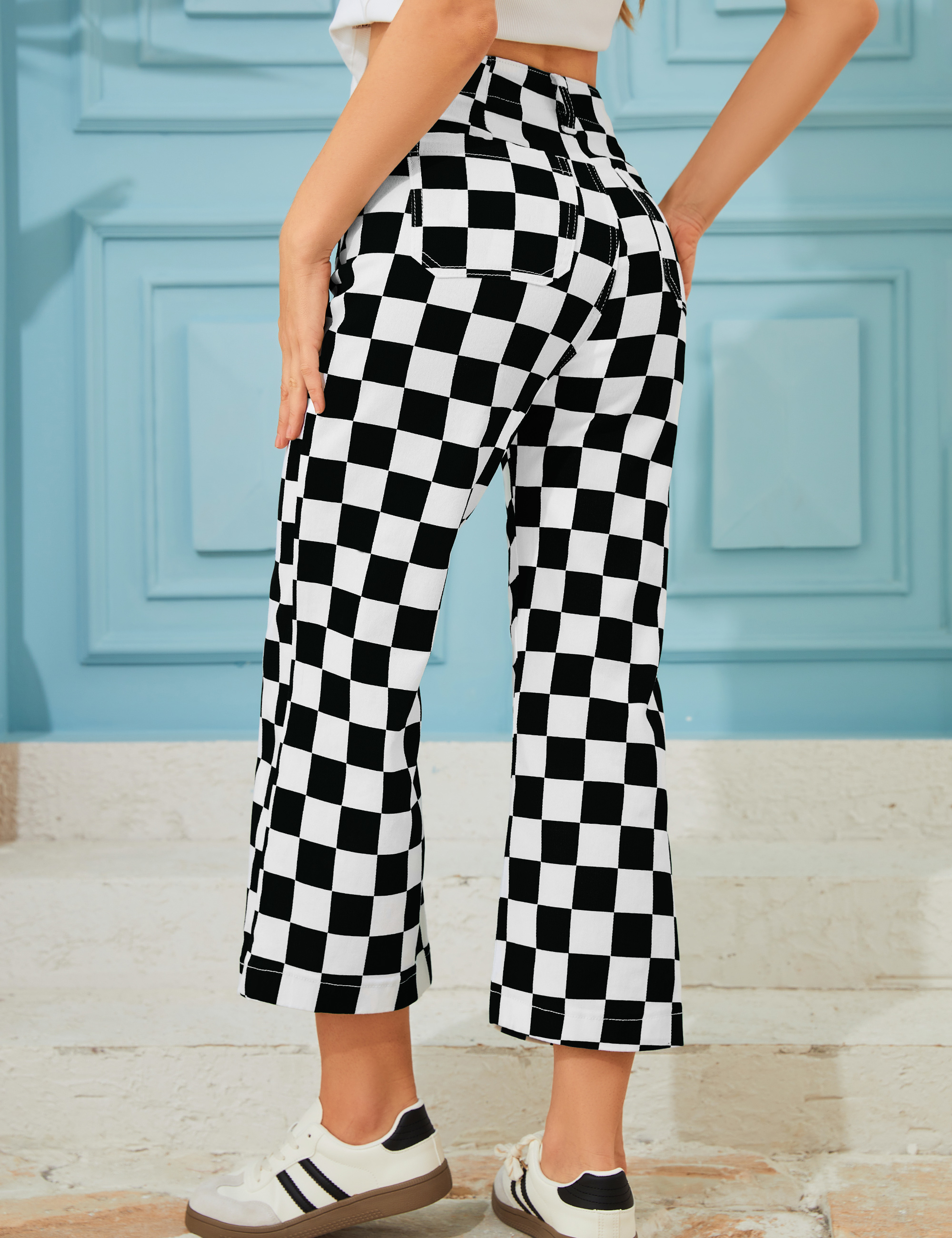 Cropped Jeans for Women Checkered Pants Casual High Waisted Stretchy Straight Leg Trousers with Pockets-LuckyFeb