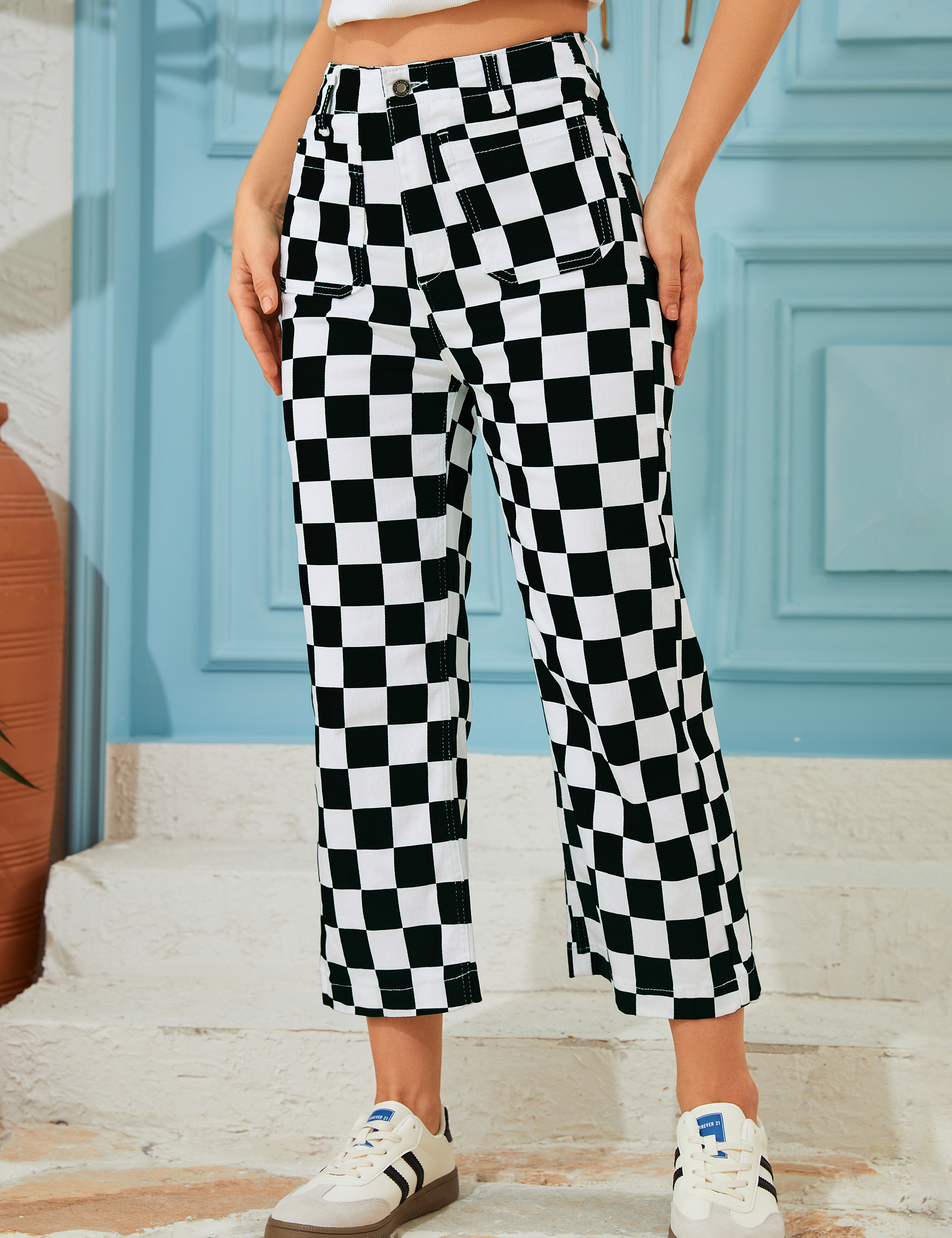 Cropped Jeans for Women Checkered Pants Casual High Waisted Stretchy Straight Leg Trousers with Pockets-LuckyFeb