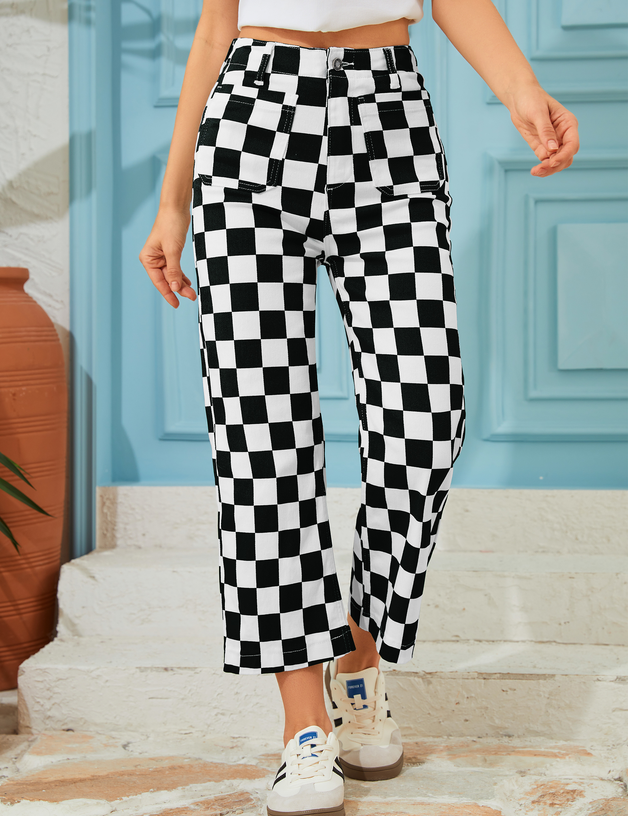 Cropped Jeans for Women Checkered Pants Casual High Waisted Stretchy Straight Leg Trousers with Pockets-LuckyFeb