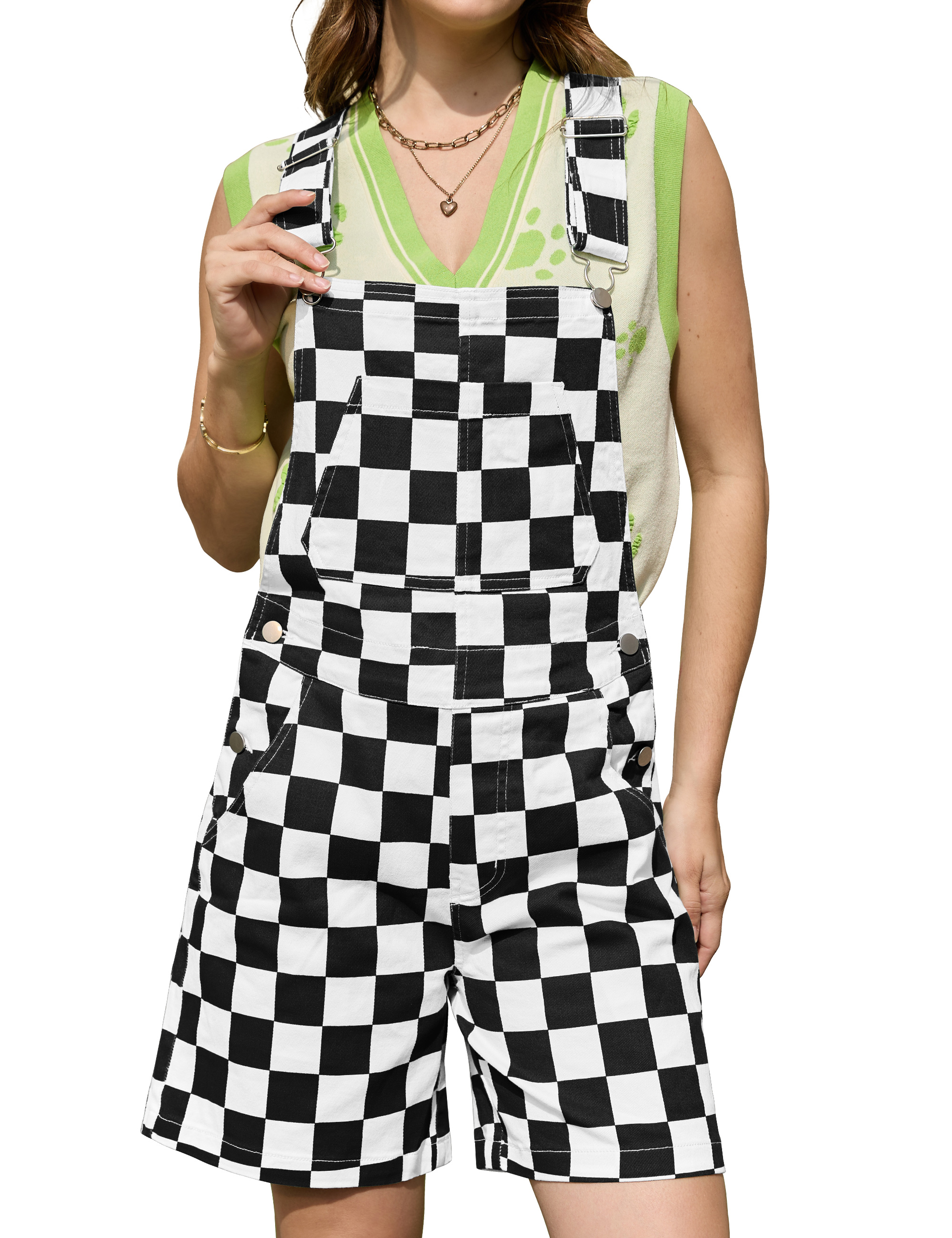 Short Overalls Women Checkered Bib Coveralls Cute Jumpsuit-LuckyFeb
