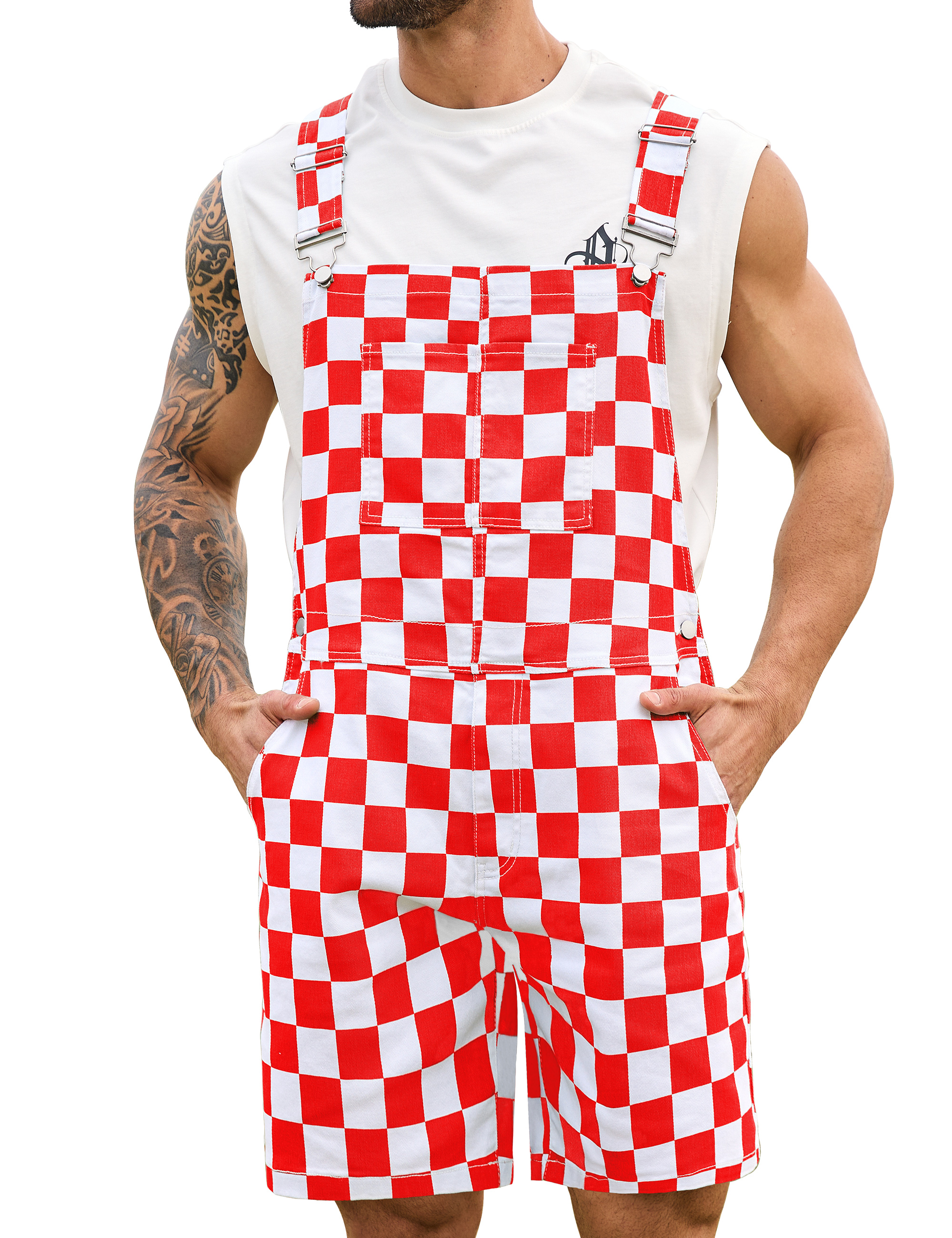Shorts Overalls for Men Checkered Romper Bibs Coveralls-LuckyFeb