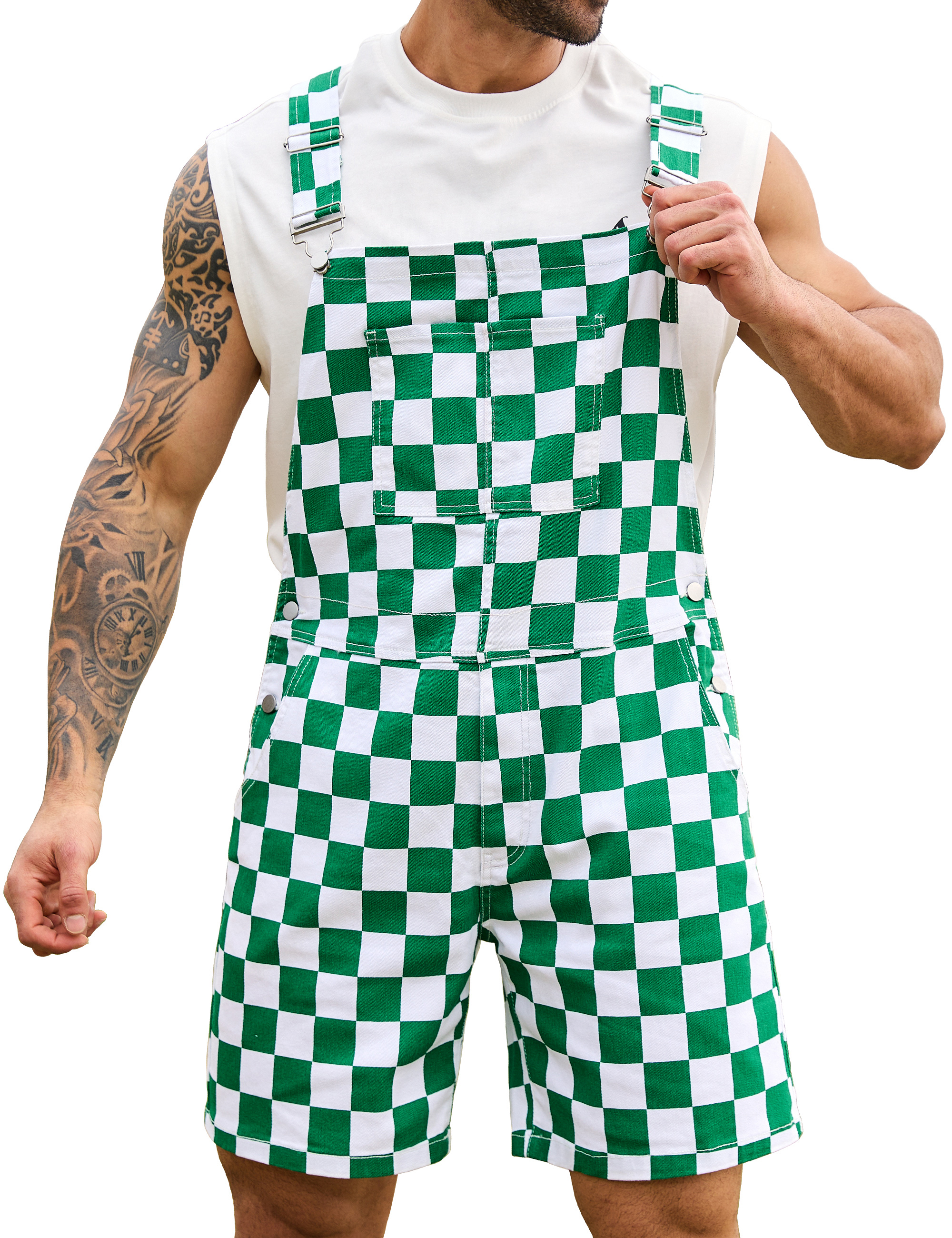 Shorts Overalls for Men Checkered Romper Bibs Coveralls-LuckyFeb
