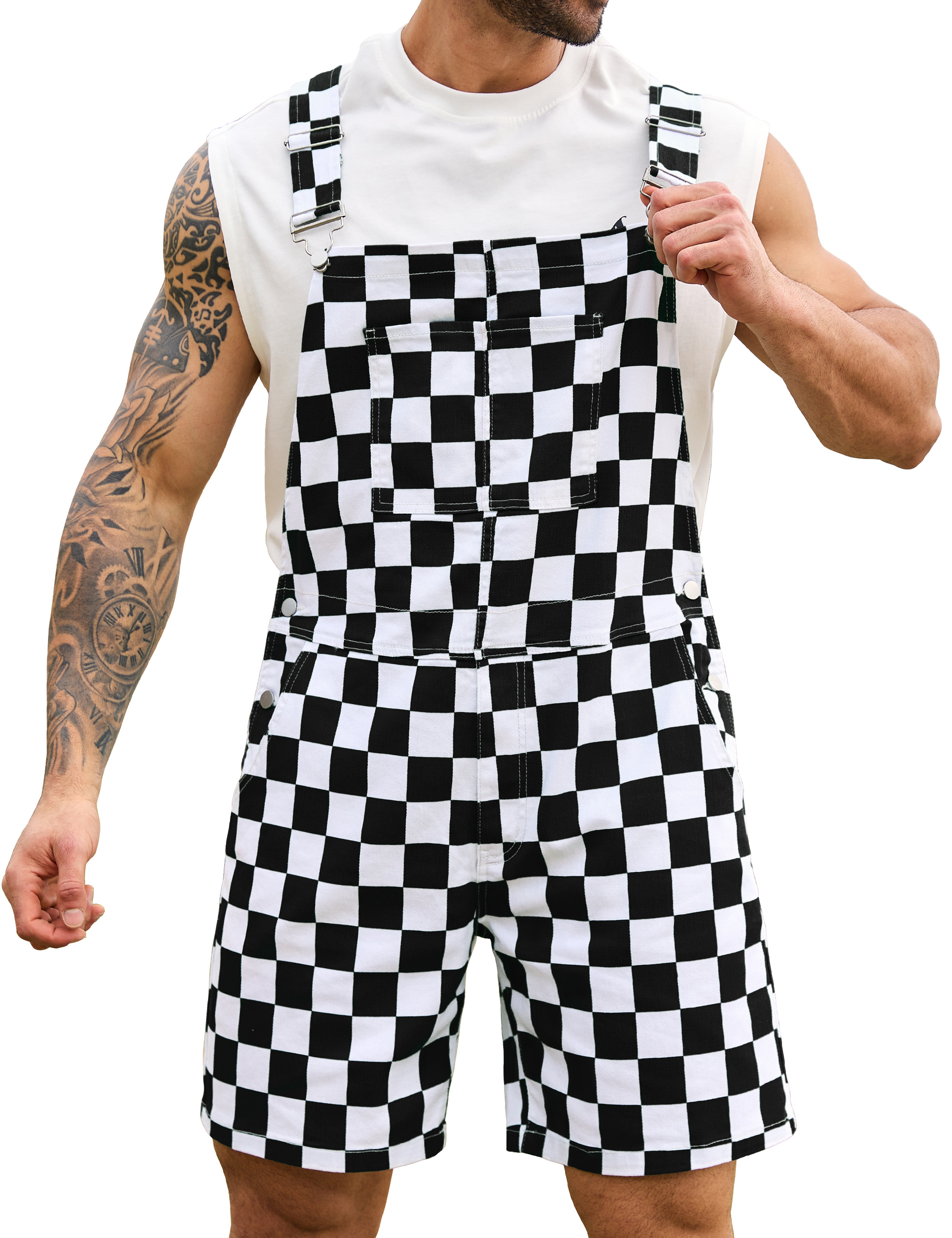 Shorts Overalls for Men Checkered Romper Bibs Coveralls-LuckyFeb