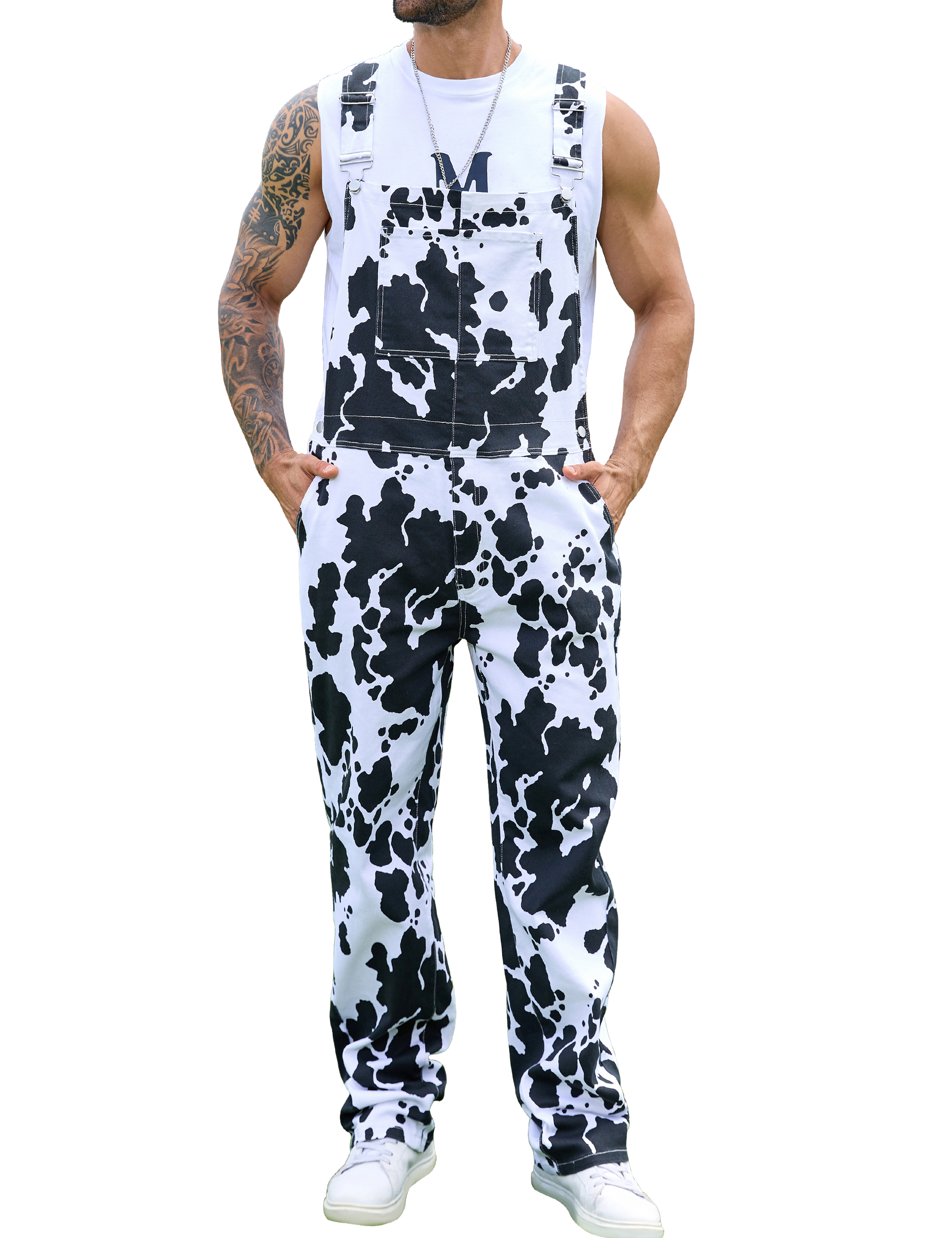 Cow Print Overalls for Men Animal Pants Fall Jumpsuit Bibs Coveralls-LuckyFeb