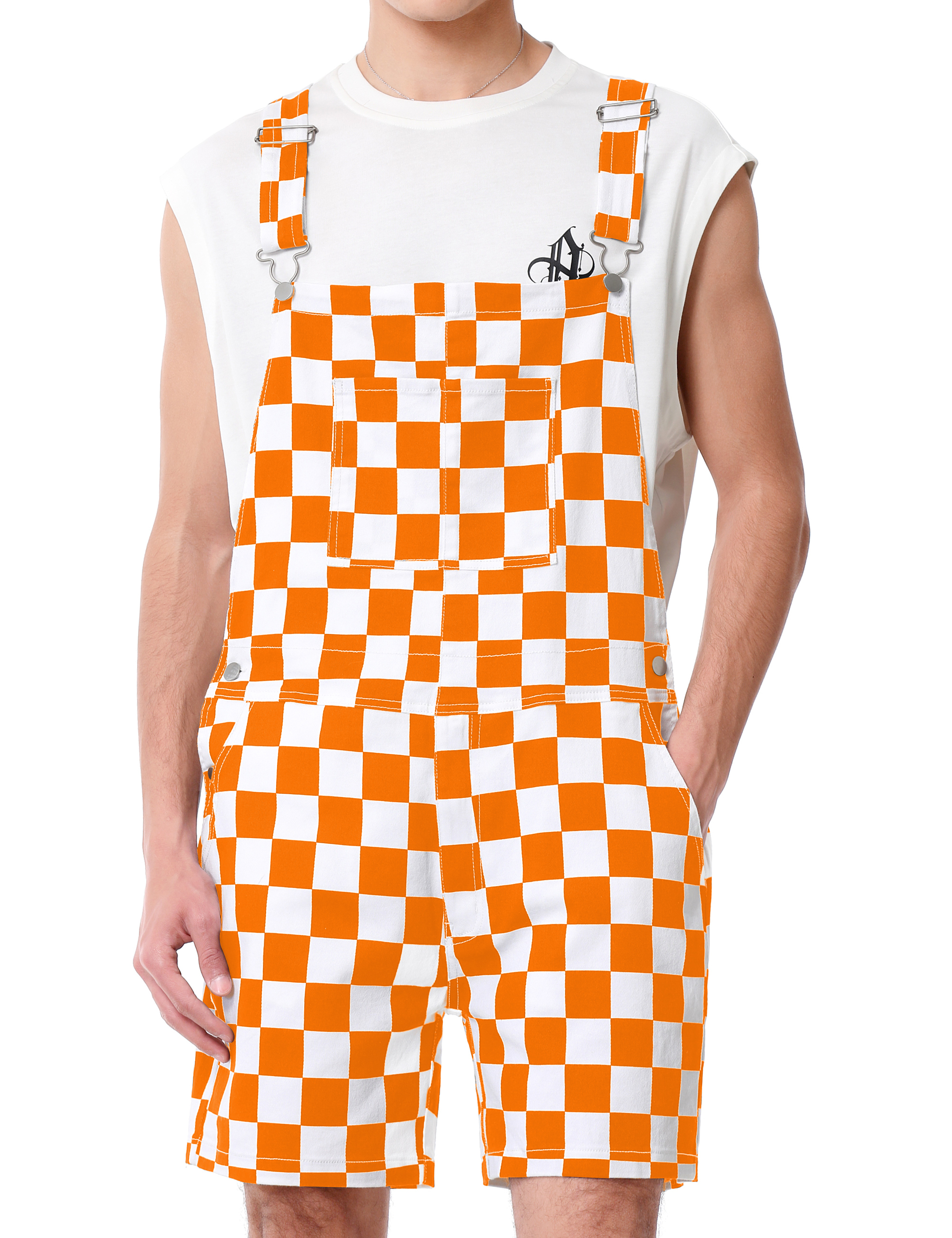Shorts Overalls for Men Checkered Romper Bibs Coveralls-LuckyFeb