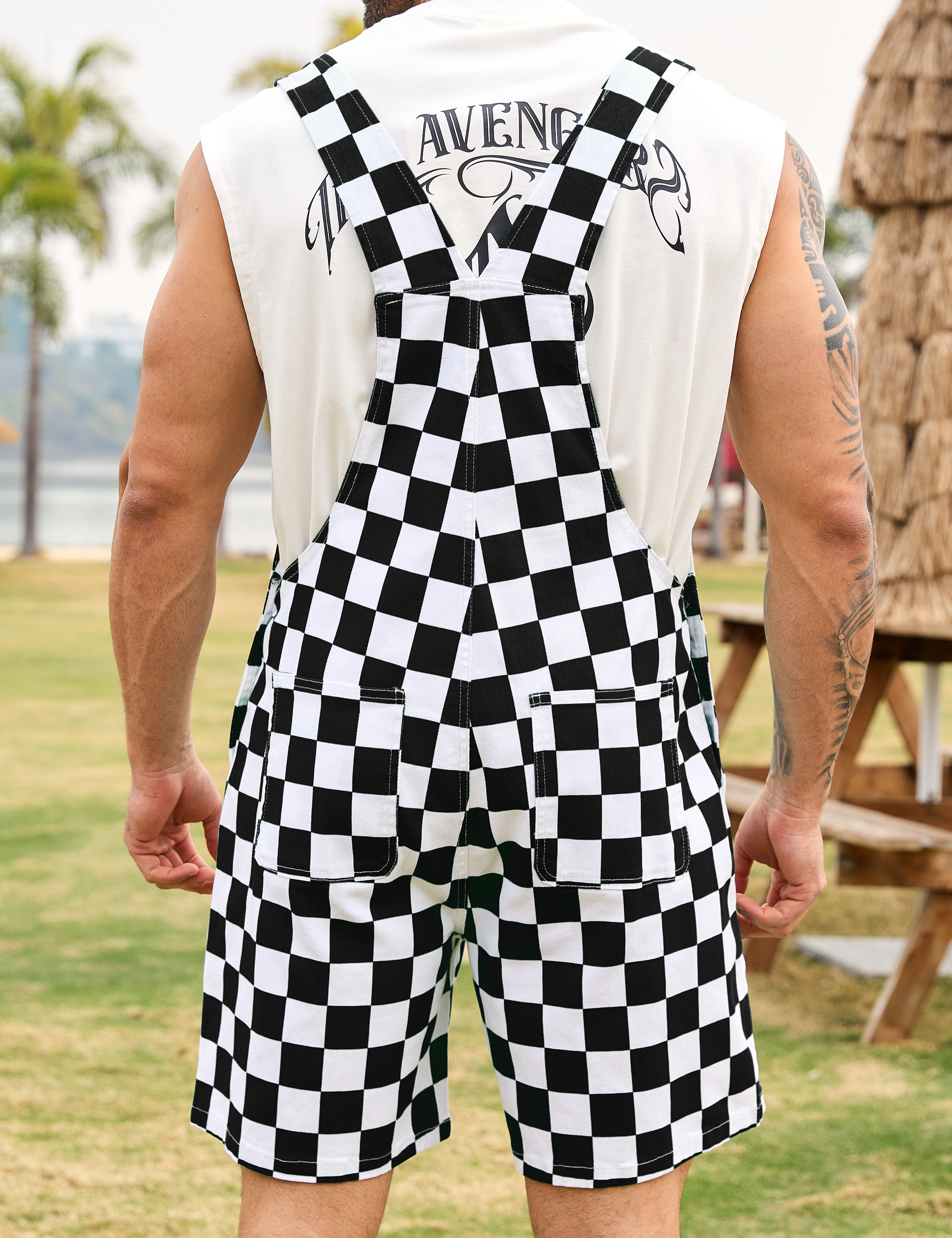 Shorts Overalls for Men Checkered Romper Bibs Coveralls-LuckyFeb