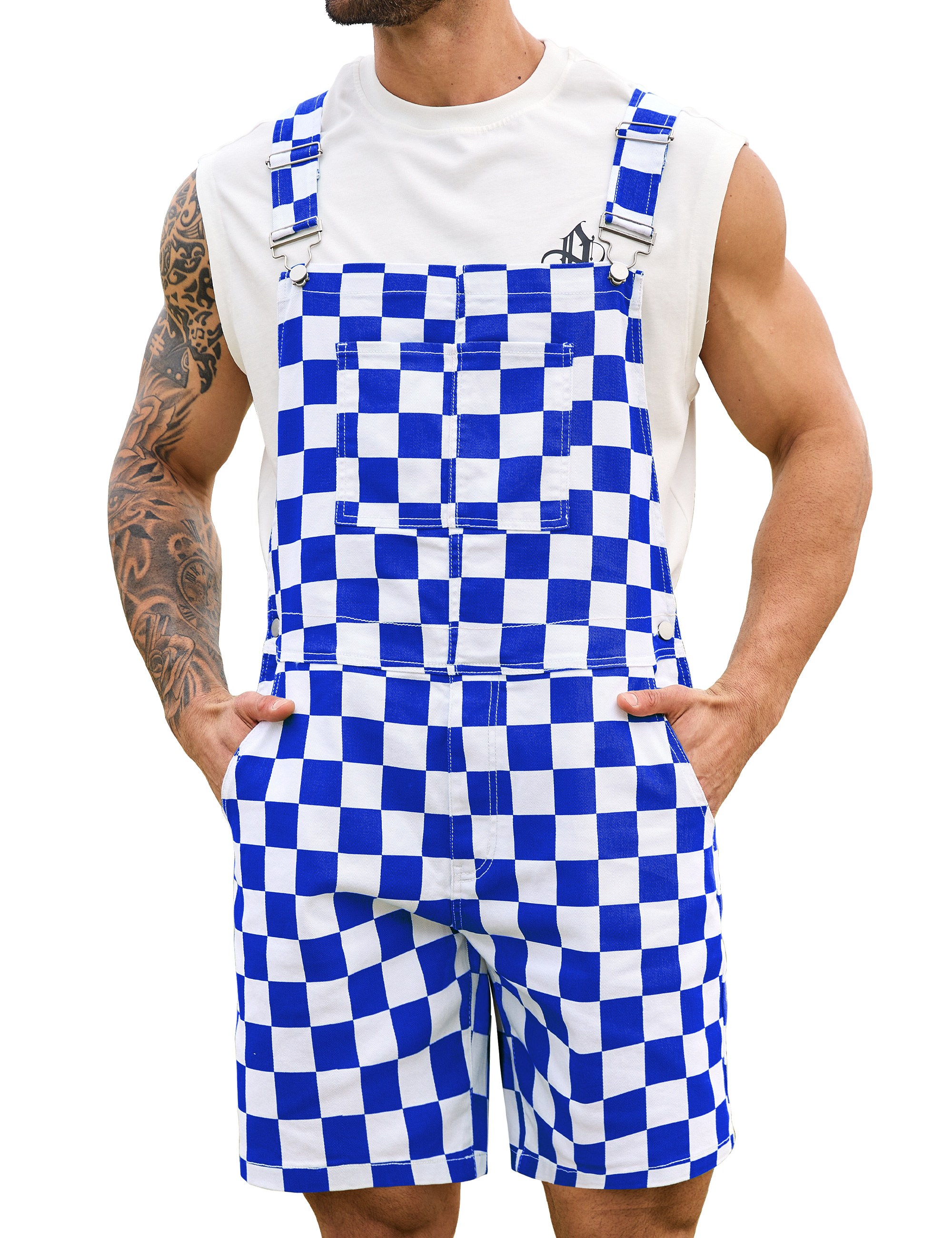 Shorts Overalls for Men Checkered Romper Bibs Coveralls-LuckyFeb
