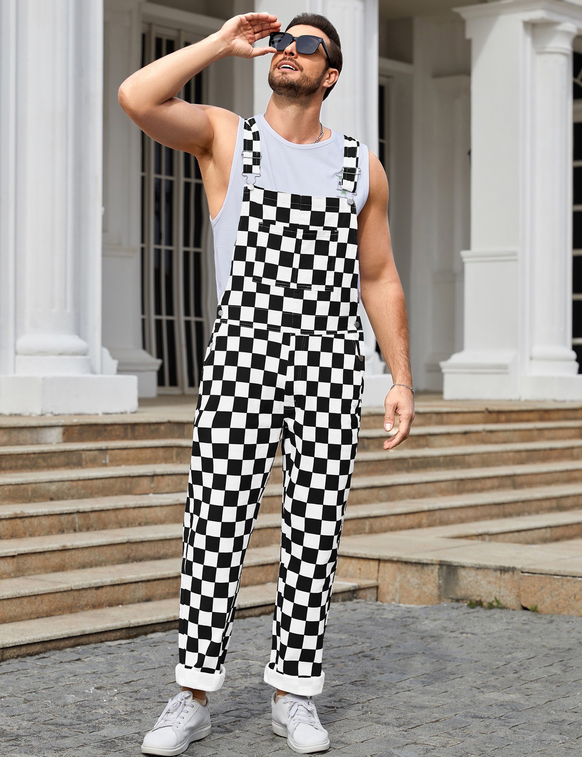Checkered Overalls Men Bib Coveralls Work Jumpsuit-LuckyFeb