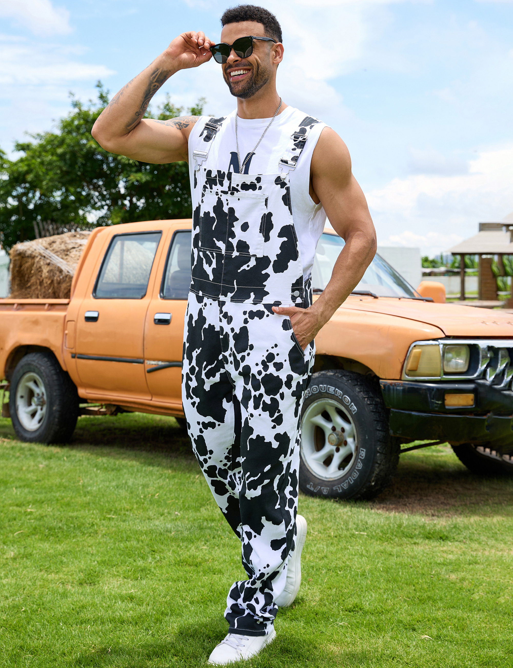 Cow Print Overalls for Men Animal Pants Fall Jumpsuit Bibs Coveralls-LuckyFeb
