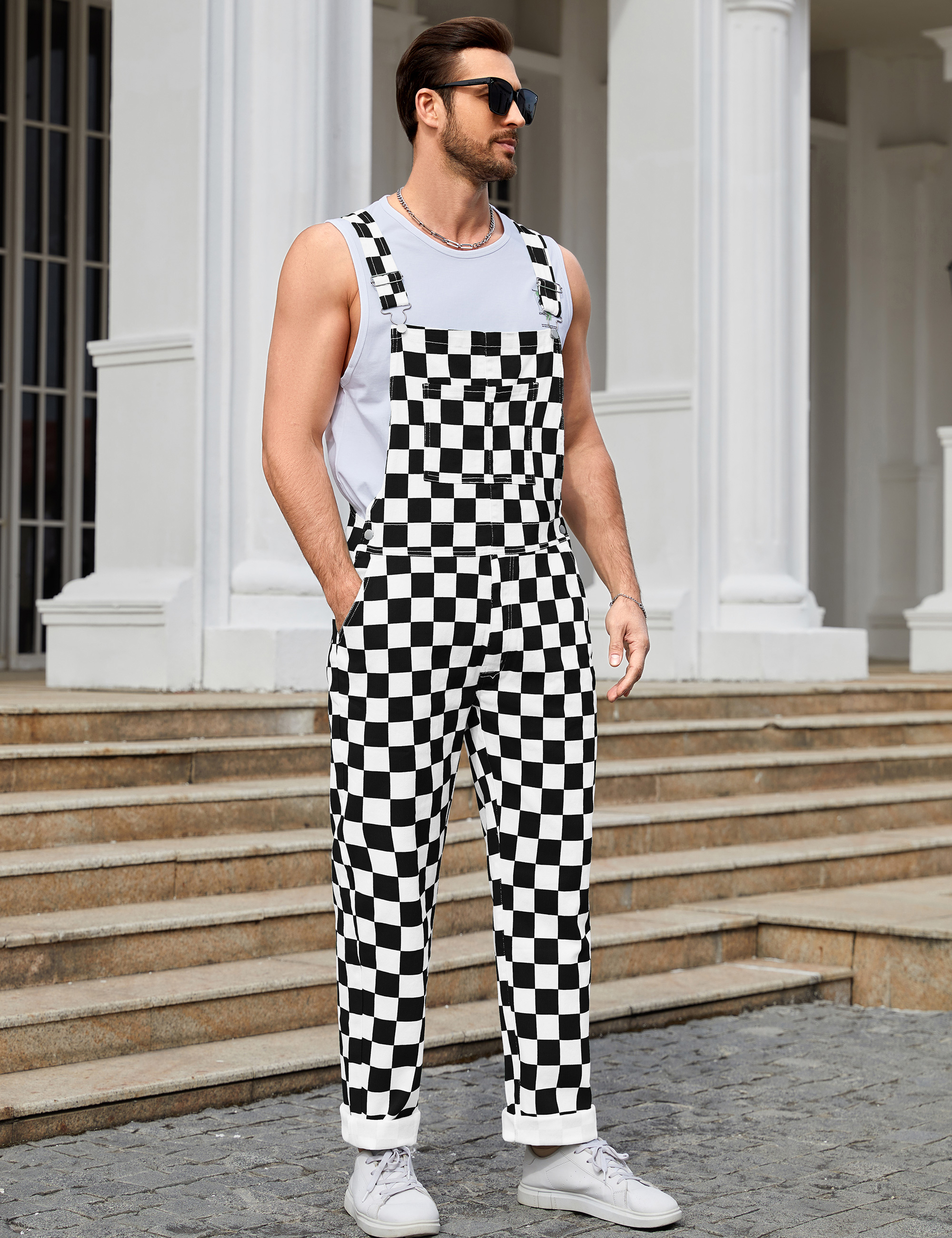 Checkered Overalls Men Bib Coveralls Work Jumpsuit-LuckyFeb