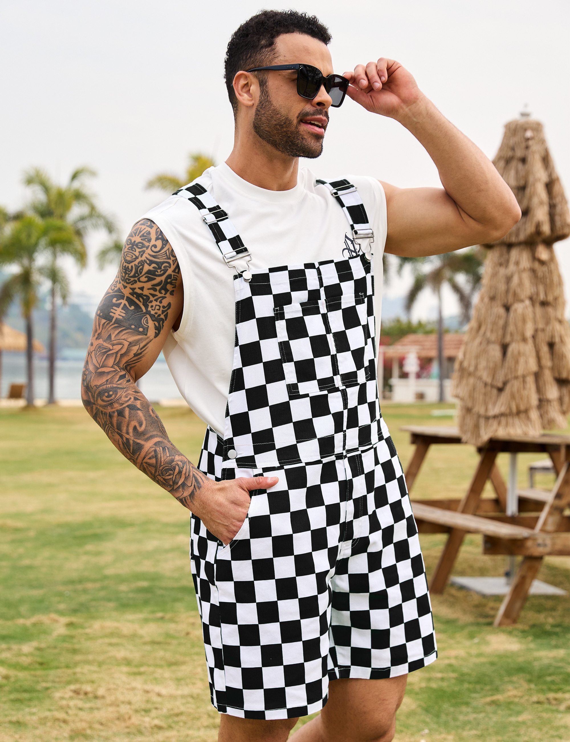 Shorts Overalls for Men Checkered Romper Bibs Coveralls-LuckyFeb