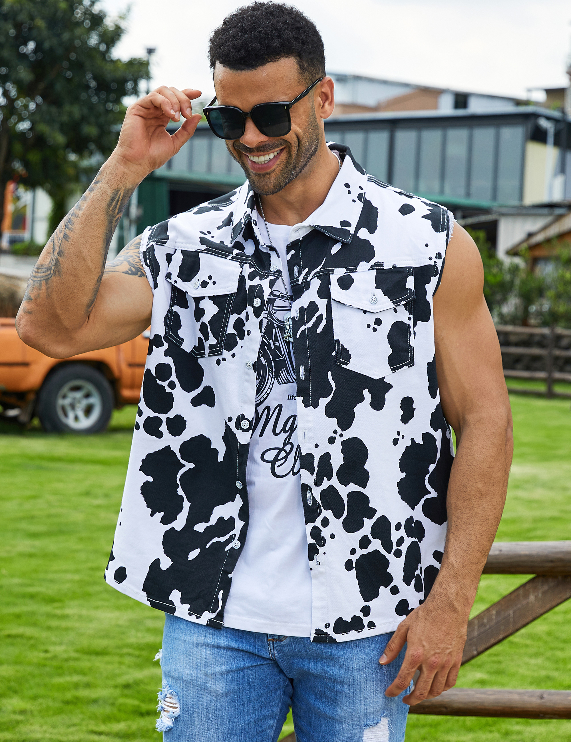 Cow Print Vest Men Western Outfit Halloween Costumes-LuckyFeb