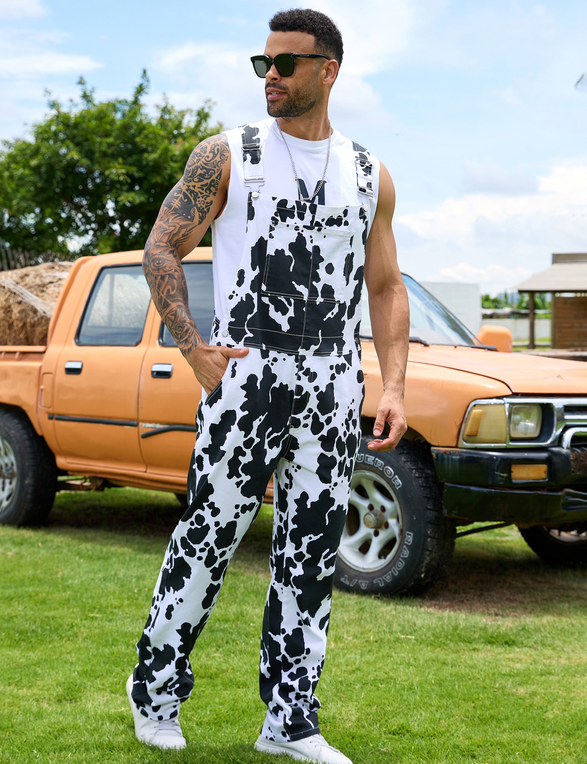 Cow Print Overalls for Men Animal Pants Fall Jumpsuit Bibs Coveralls-LuckyFeb