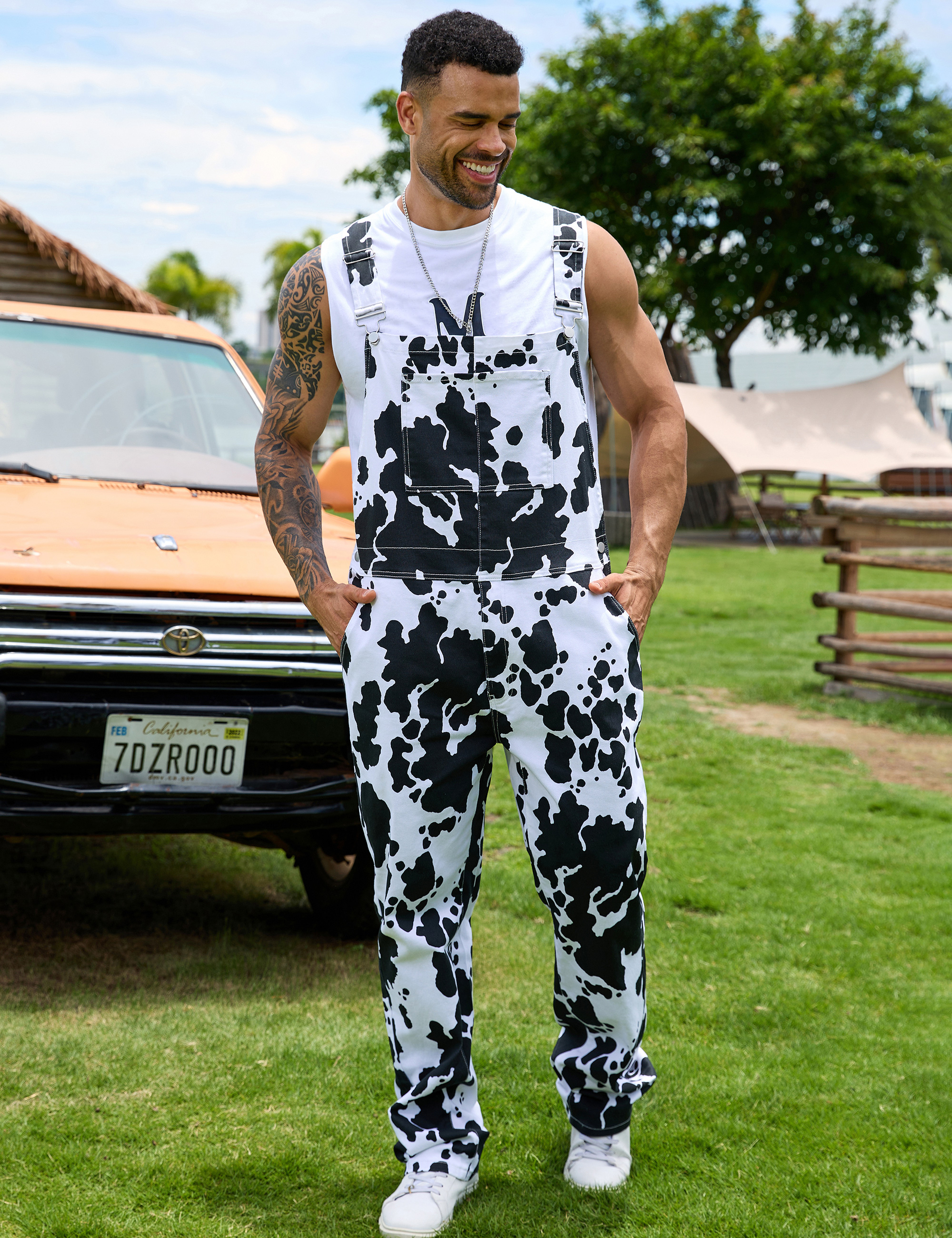 Cow Print Overalls for Men Animal Pants Fall Jumpsuit Bibs Coveralls-LuckyFeb