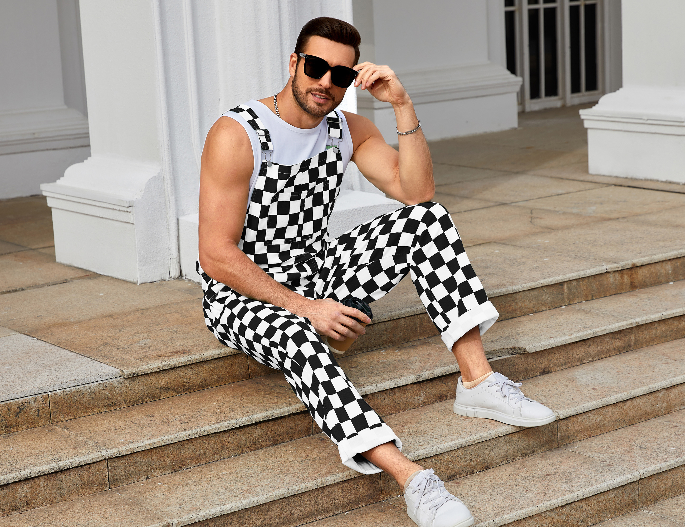 Checkered Overalls Men Bib Coveralls Work Jumpsuit-LuckyFeb