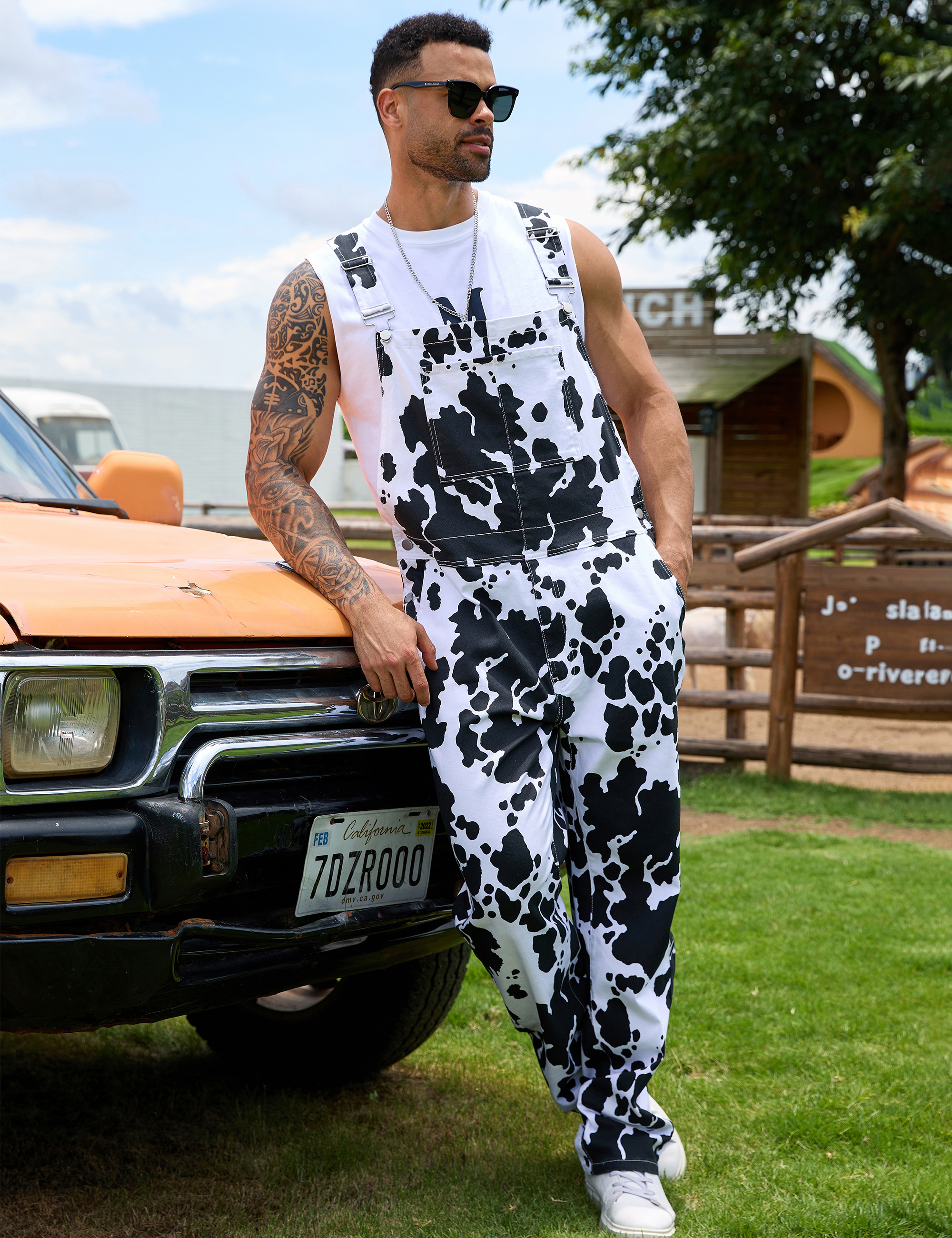 Cow Print Overalls for Men Animal Pants Fall Jumpsuit Bibs Coveralls-LuckyFeb
