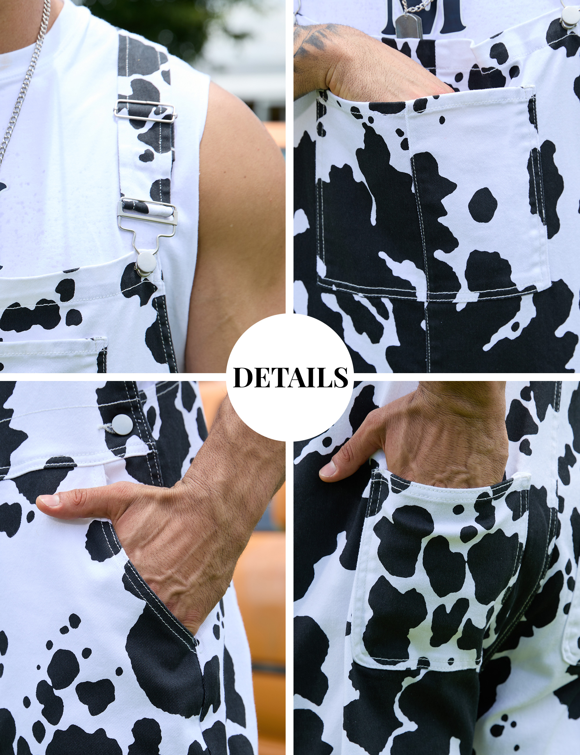 Cow Print Overalls for Men Animal Pants Fall Jumpsuit Bibs Coveralls-LuckyFeb