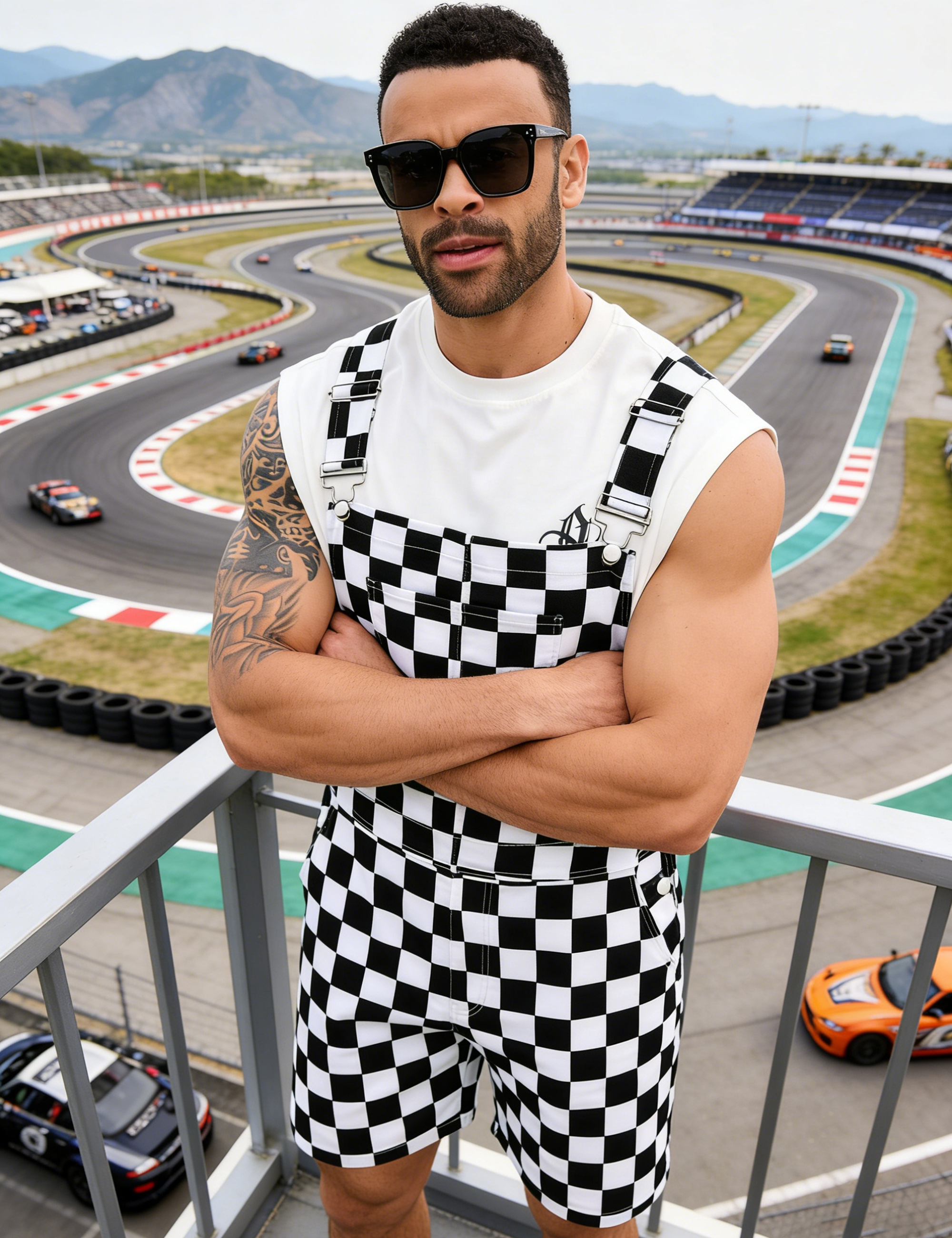Shorts Overalls for Men Checkered Romper Bibs Coveralls-LuckyFeb