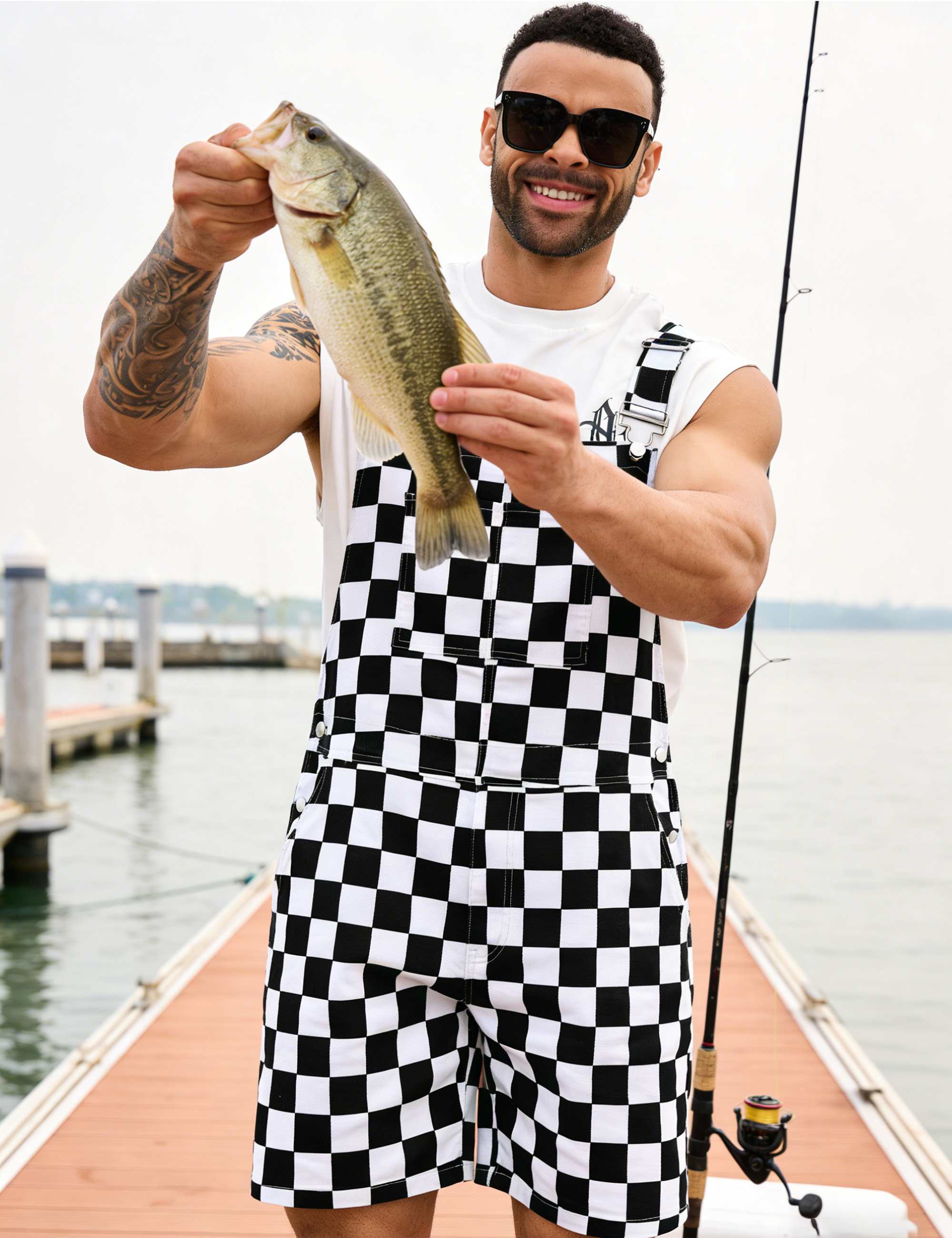 Shorts Overalls for Men Checkered Romper Bibs Coveralls-LuckyFeb