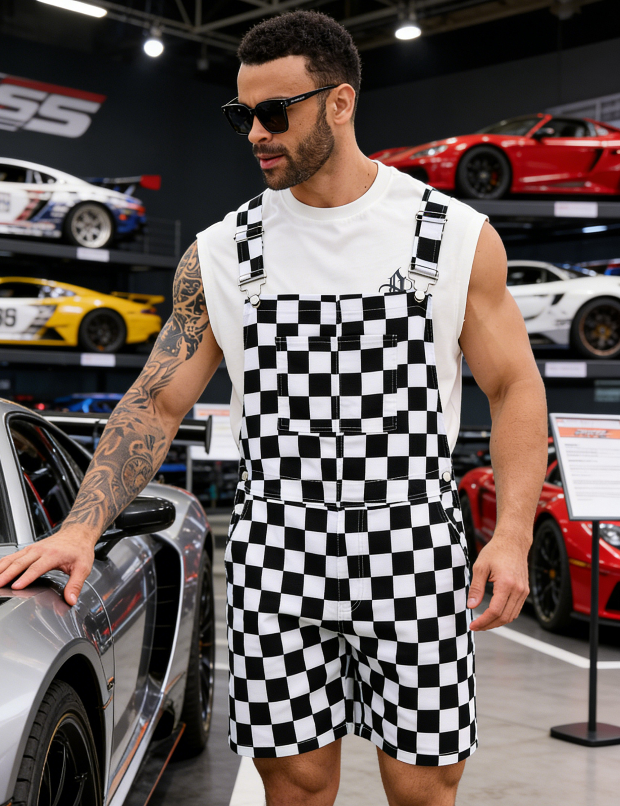 Shorts Overalls for Men Checkered Romper Bibs Coveralls-LuckyFeb