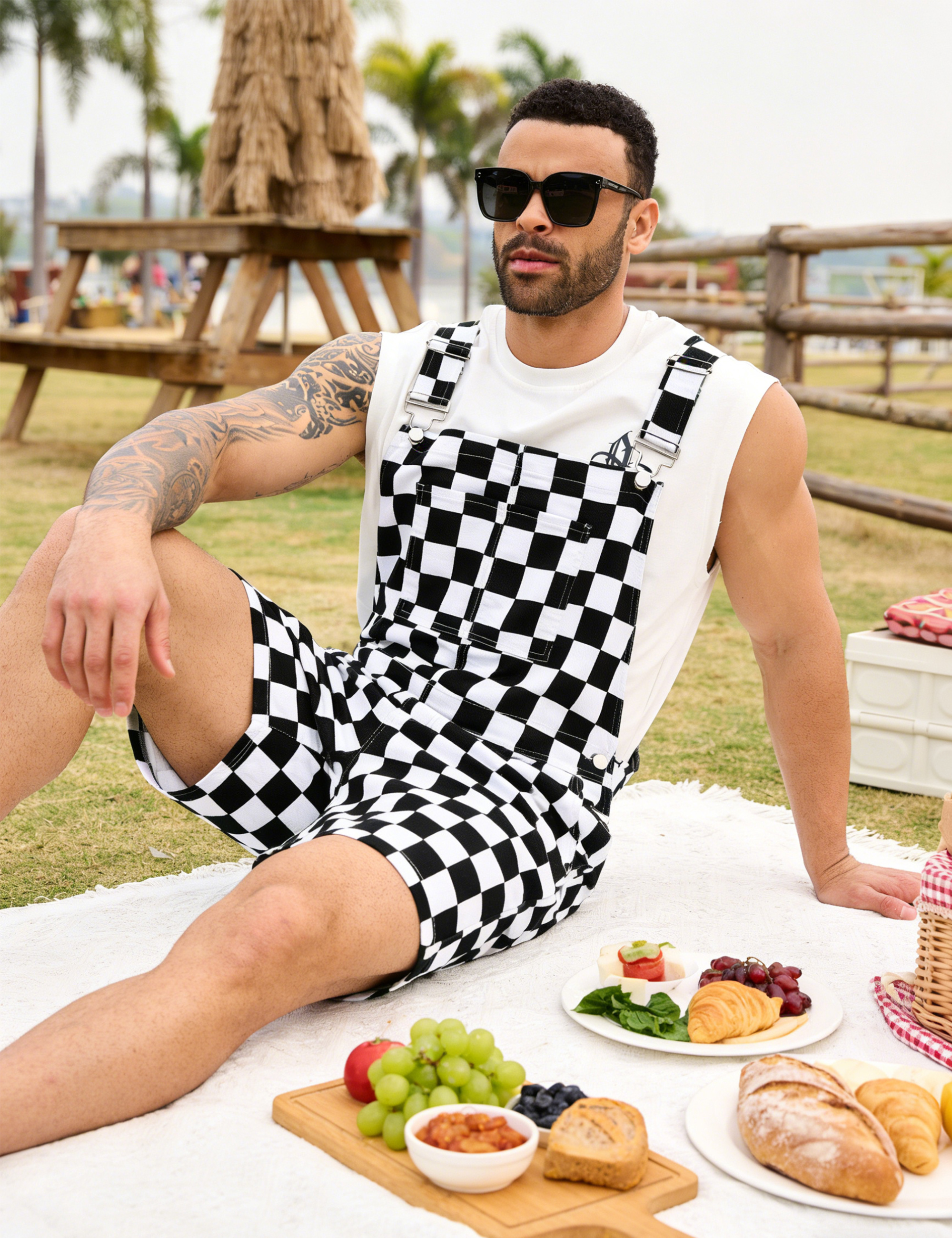 Shorts Overalls for Men Checkered Romper Bibs Coveralls-LuckyFeb
