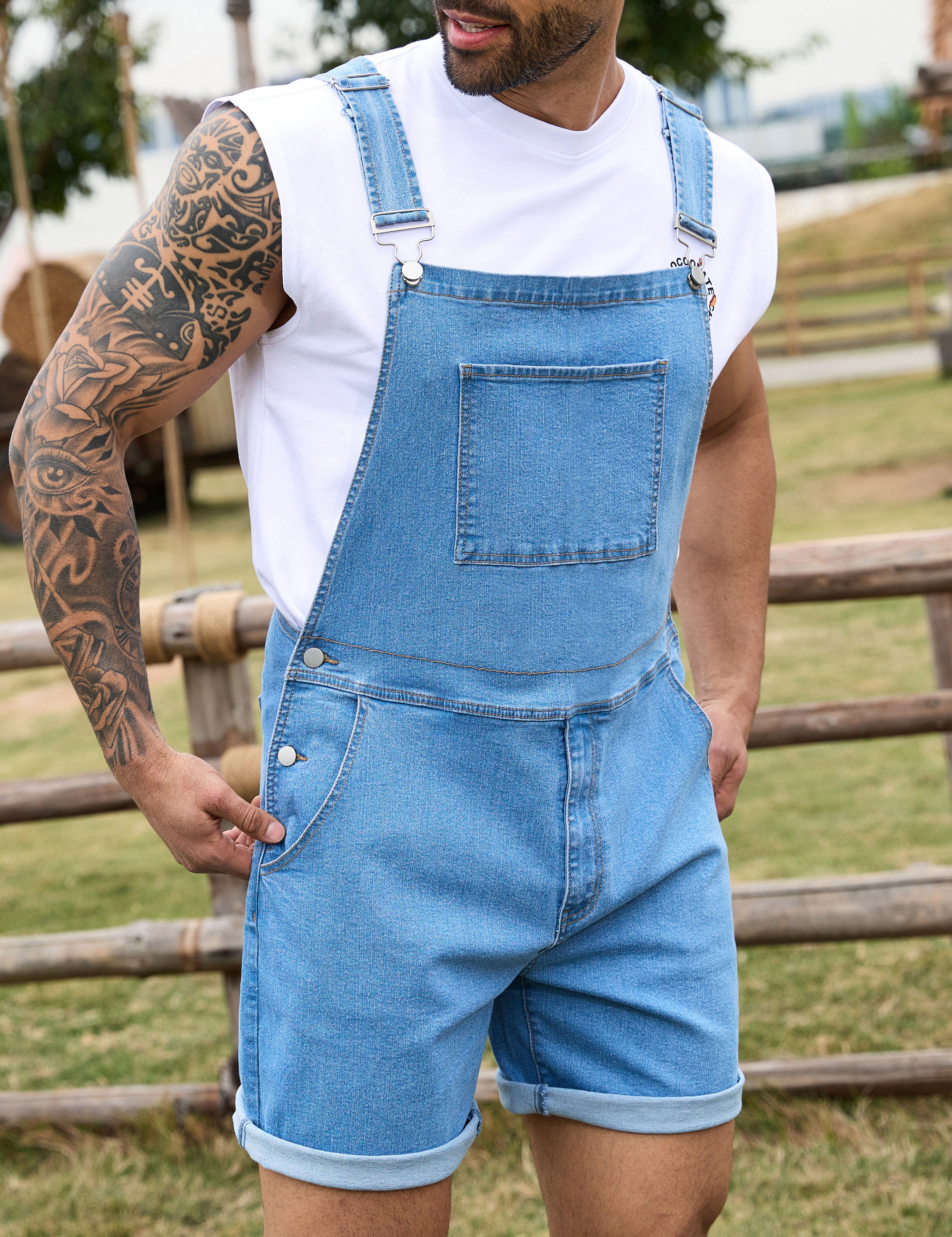 Denim Overalls for Men Short Jumpsuit Work Bib Coveralls