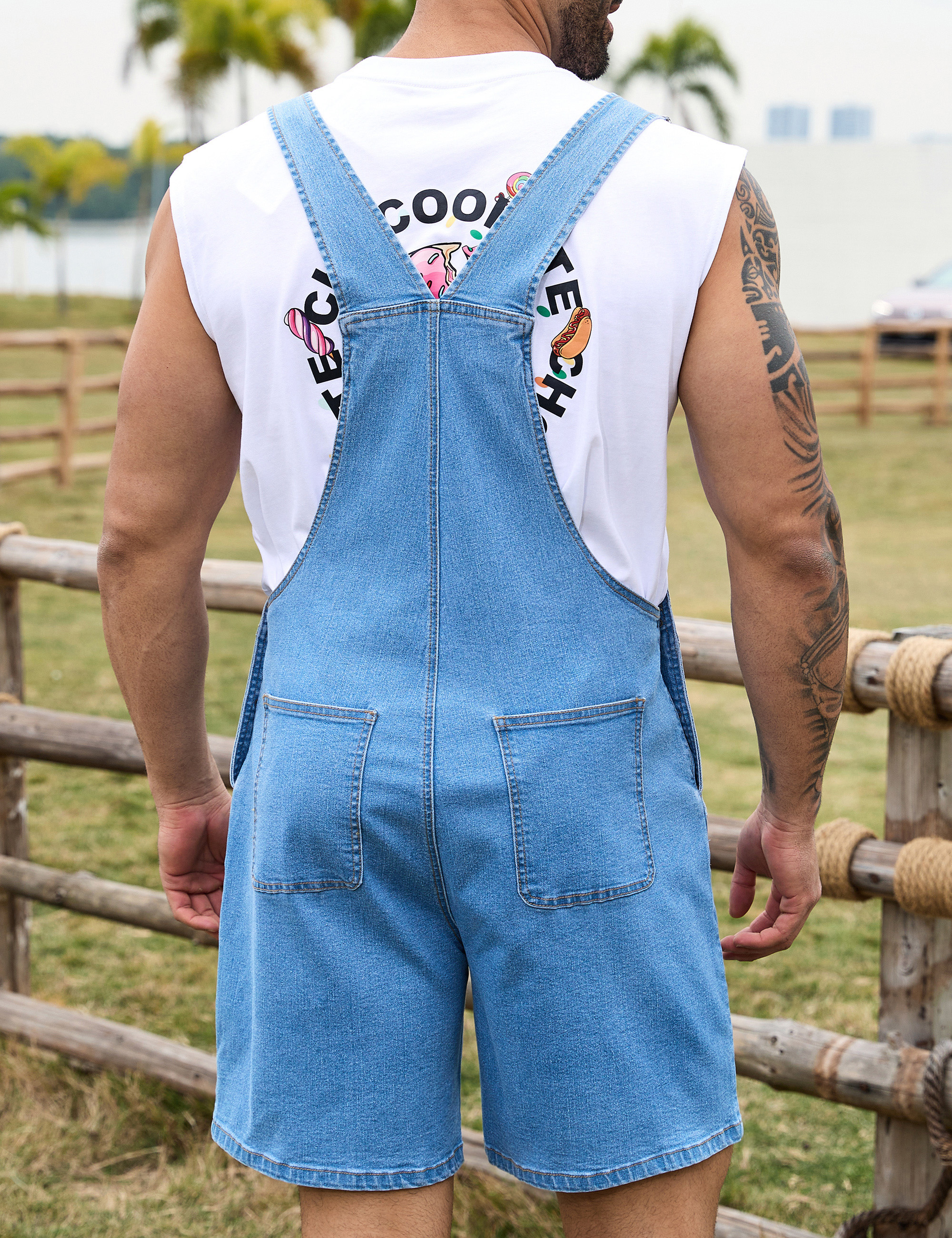 Denim Overalls for Men Short Jumpsuit Work Bib Coveralls