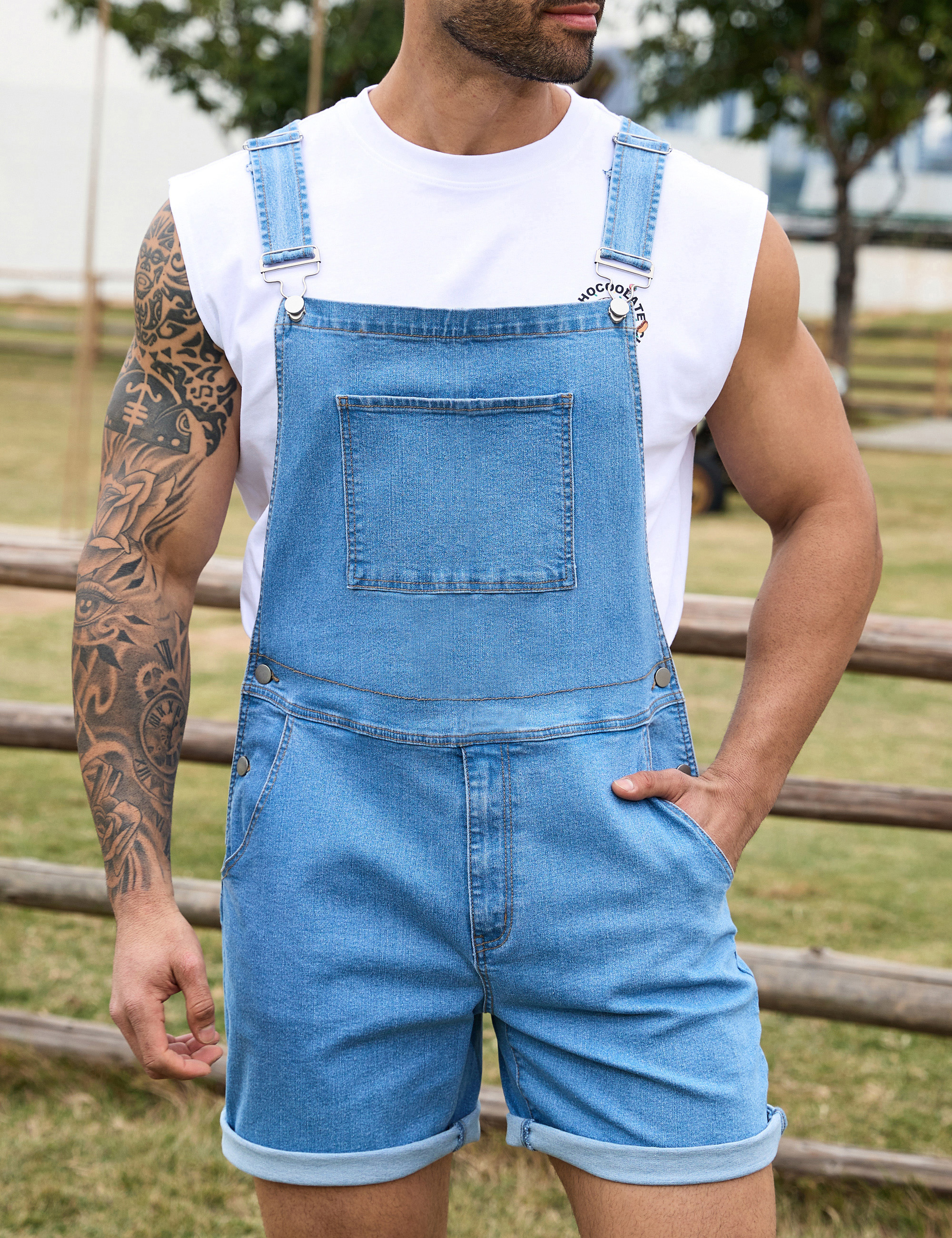 Denim Overalls for Men Short Jumpsuit Work Bib Coveralls