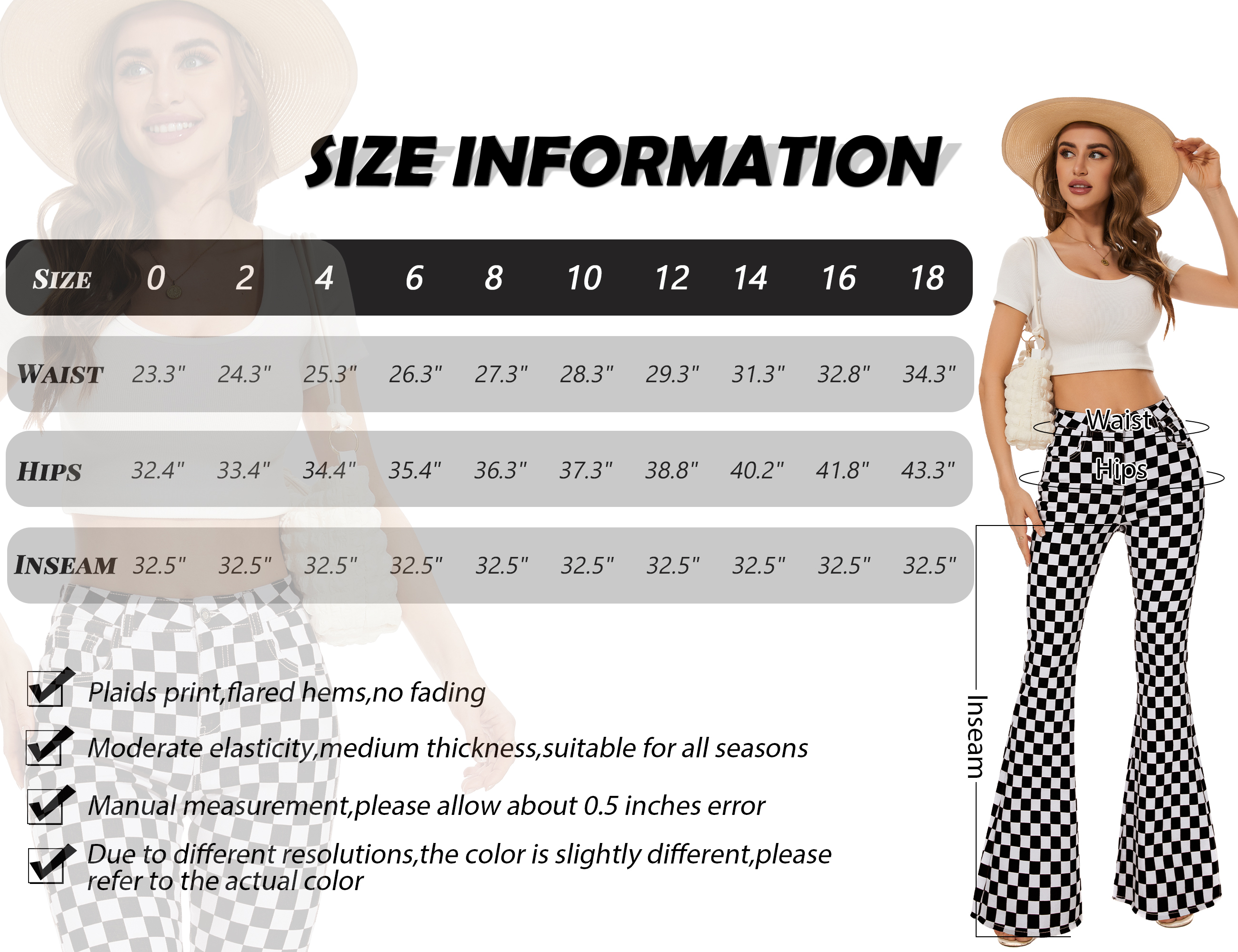 Bootcut Jeans for Women Flare Bell Bottom Checkered Pants