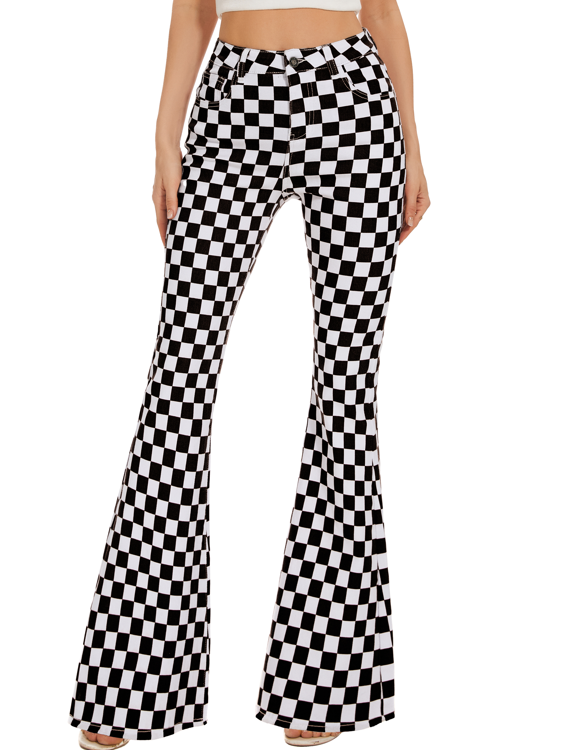 Bootcut Jeans for Women Flare Bell Bottom Checkered Pants