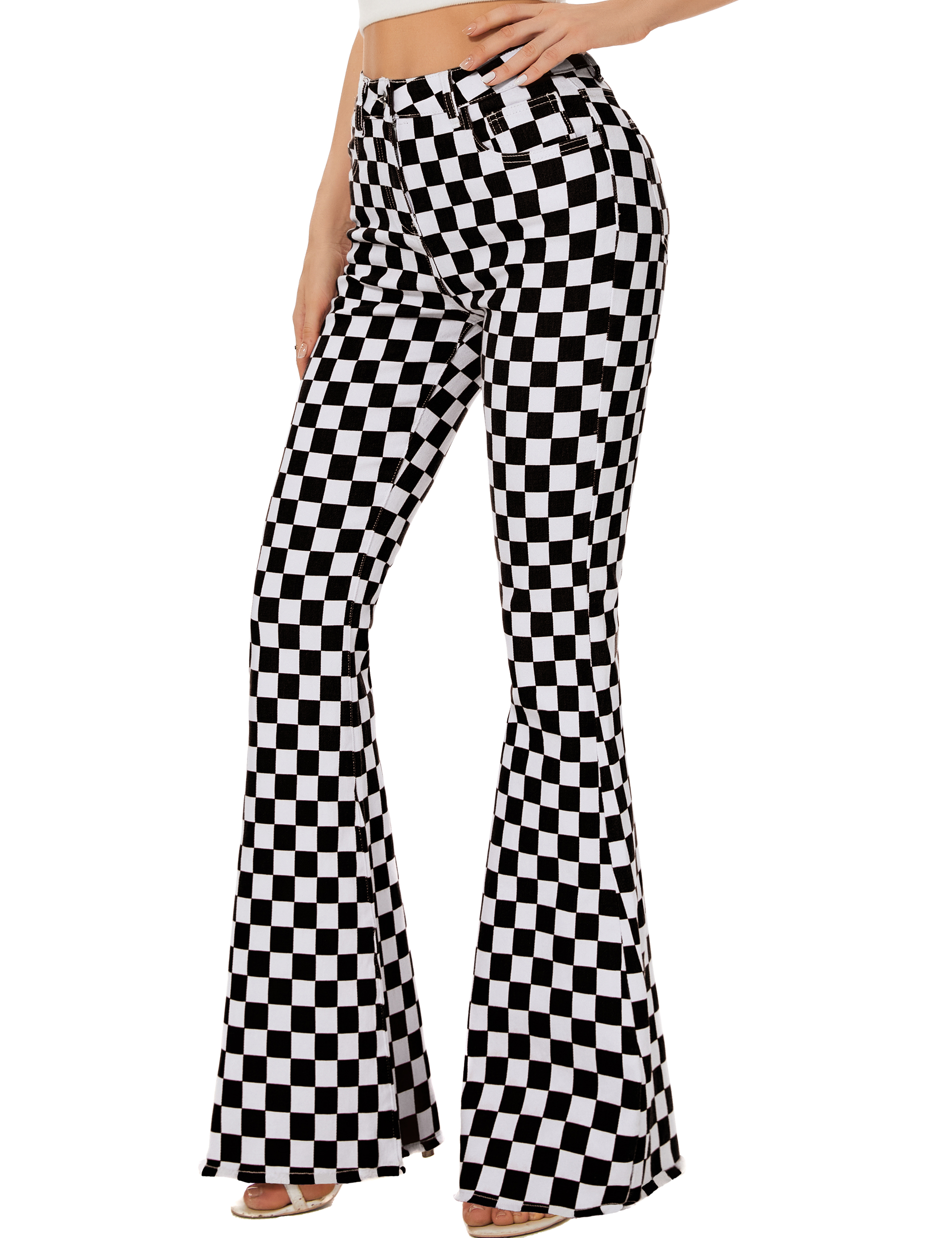 Bootcut Jeans for Women Flare Bell Bottom Checkered Pants