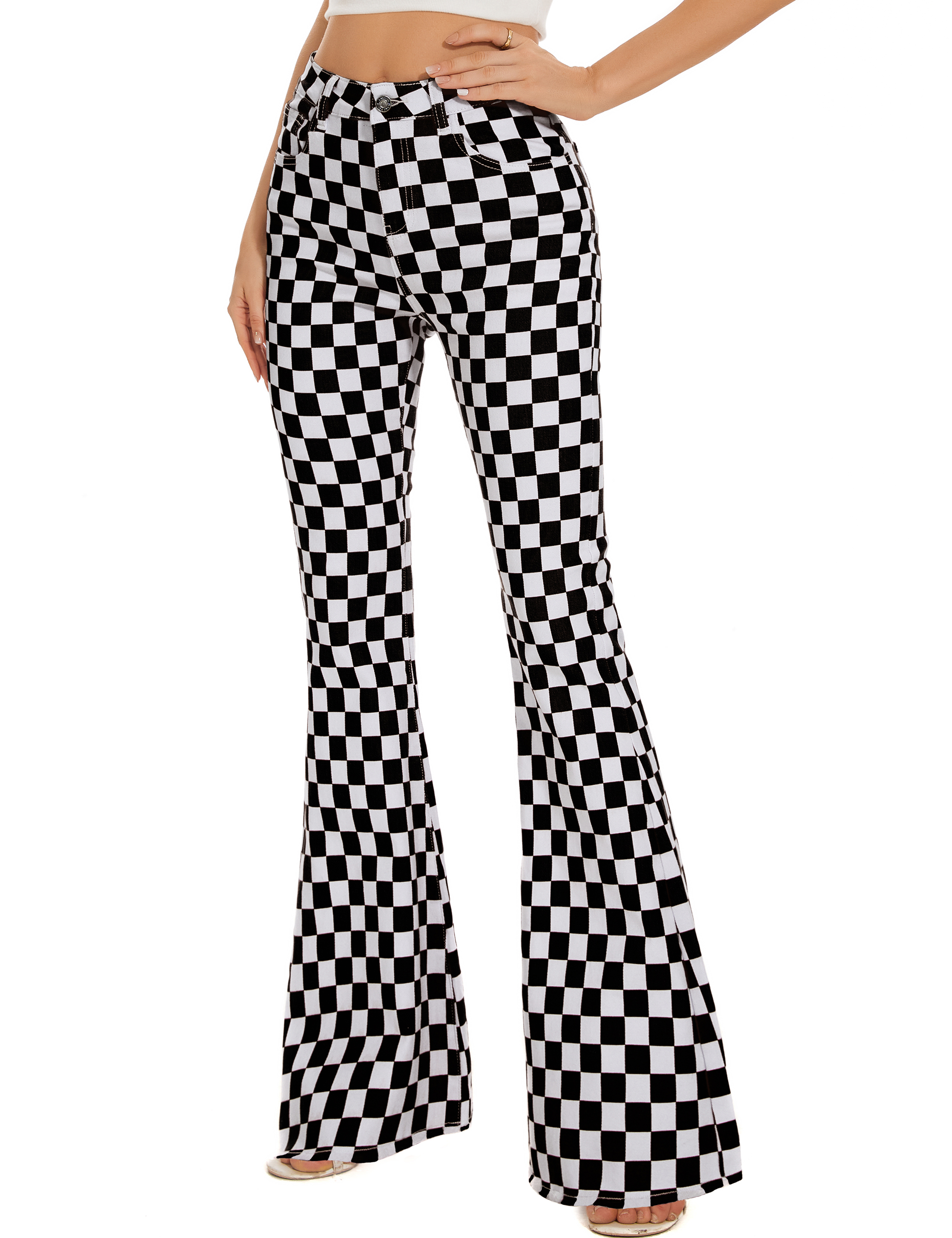 Bootcut Jeans for Women Flare Bell Bottom Checkered Pants