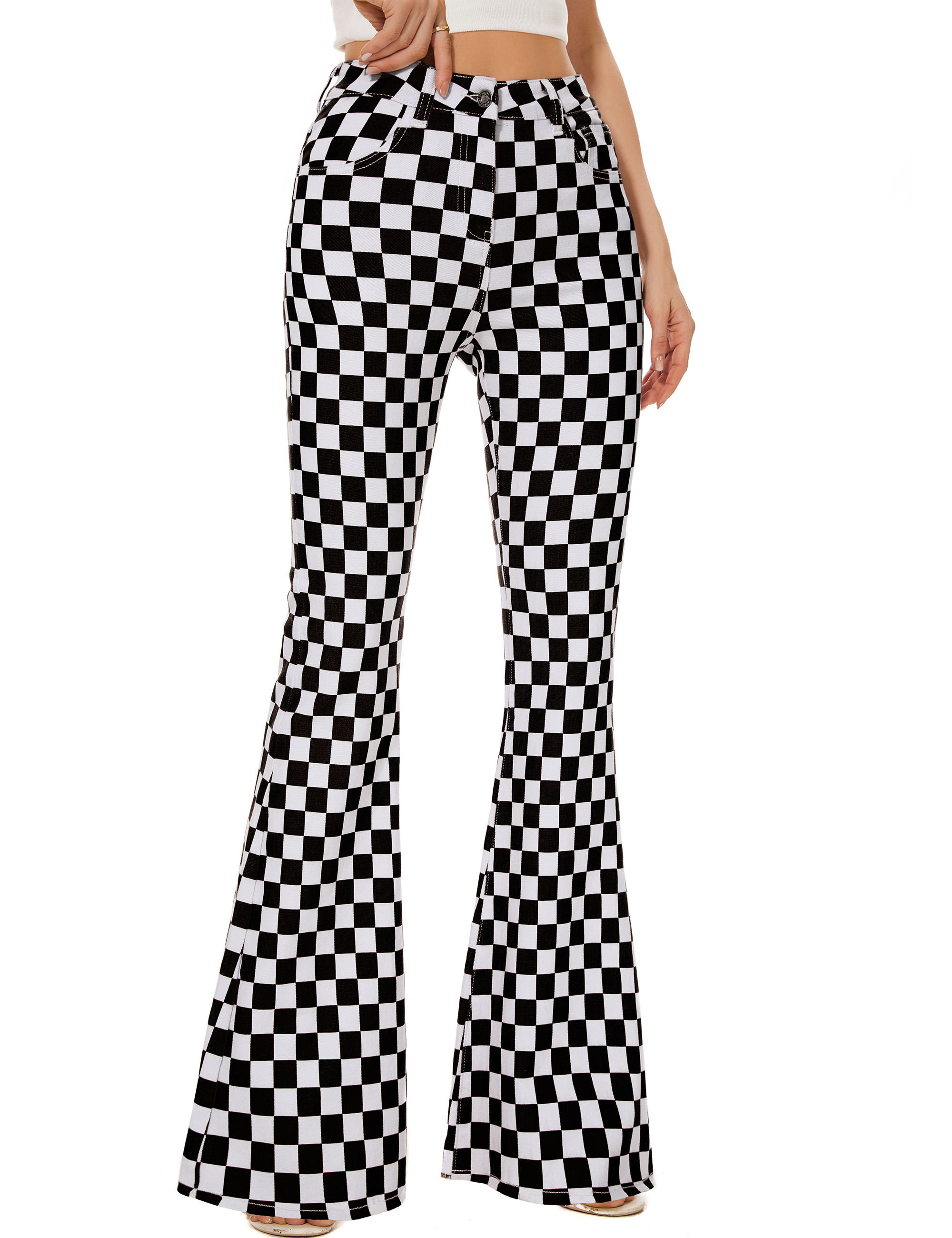 Bootcut Jeans for Women Flare Bell Bottom Checkered Pants