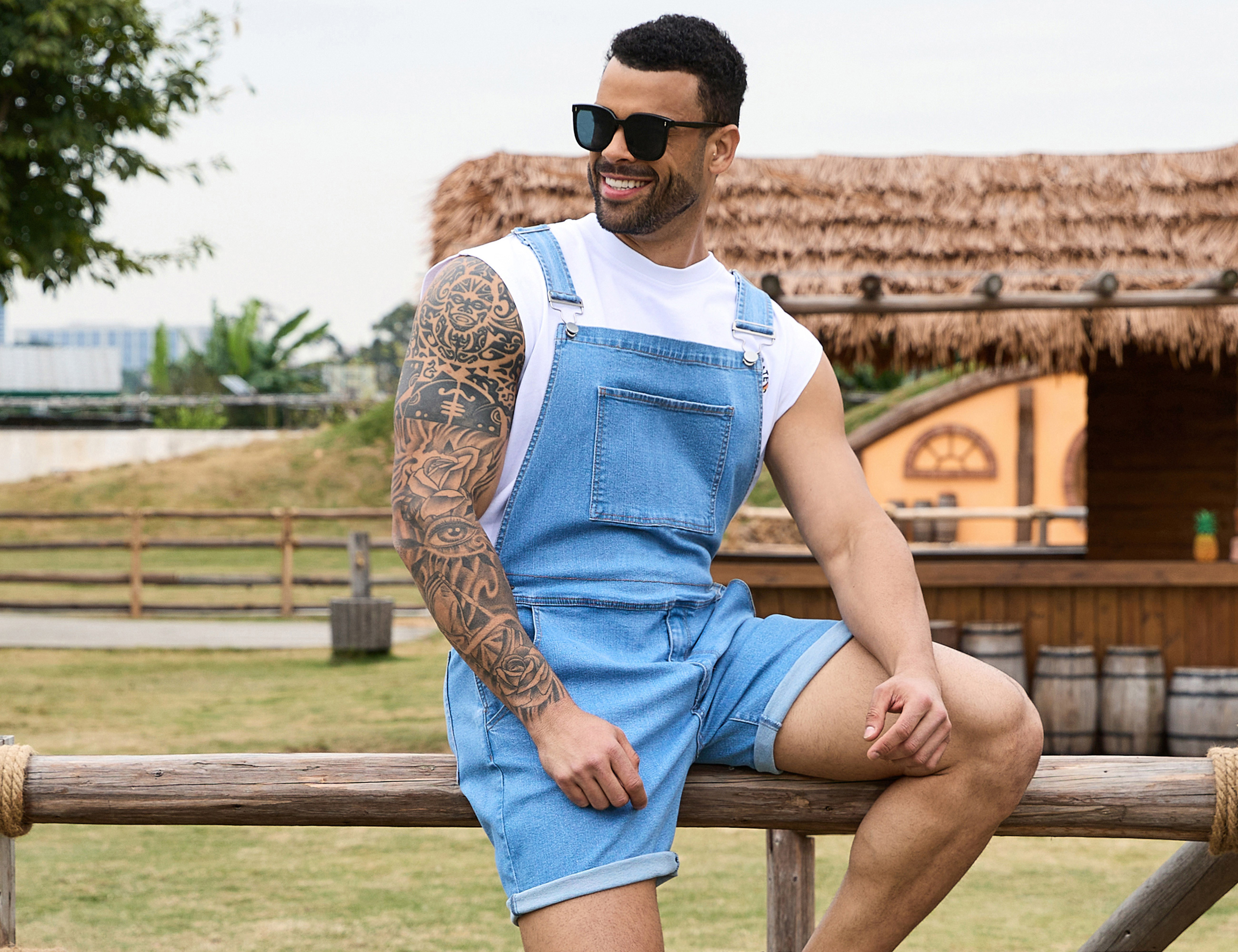 Denim Overalls for Men Short Jumpsuit Work Bib Coveralls