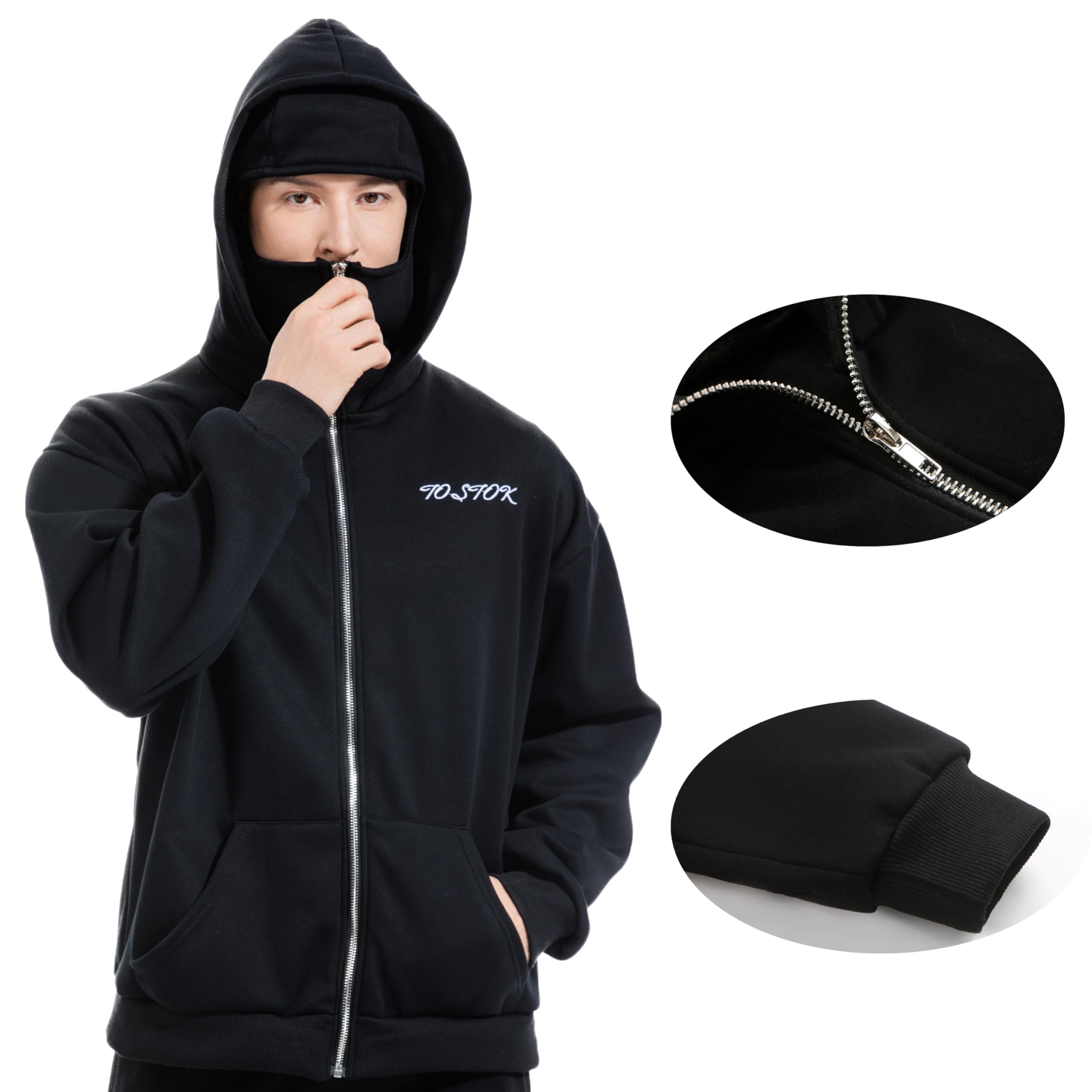 Men's Balaclava Hoodie Winter Double Layer Hooded Sweatshirt with zipper, Fleece-Lined Hip-Hop Hoodie