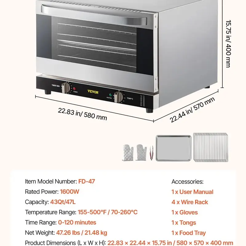 Horno Eléctrico de Convección de 66 L, 1800 W, con 4 Niveles y Puerta de Vidrio