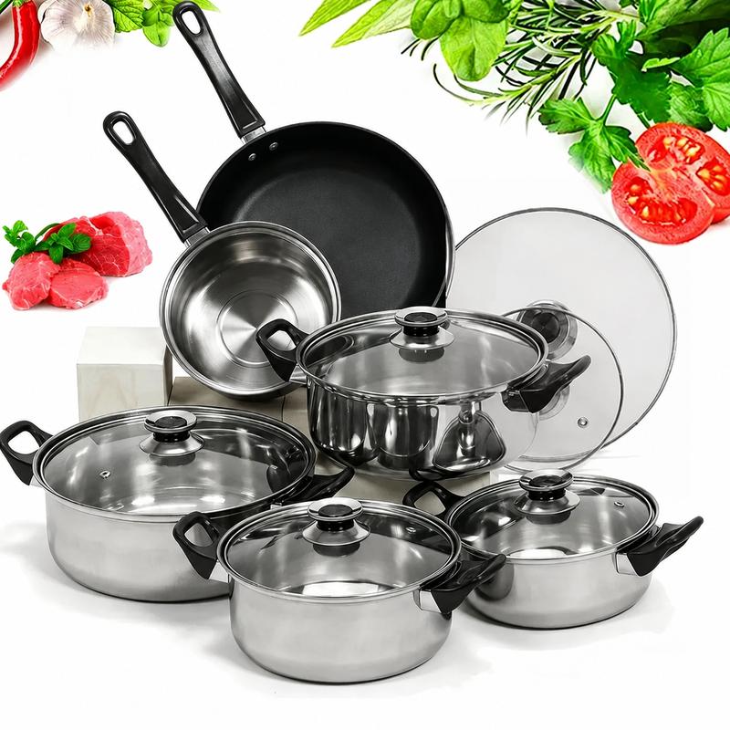 12 Piezas Batería de Cocina de Acero Inoxidable, Juego de Ollas Ligero y Portátil para Cocina y Hogar