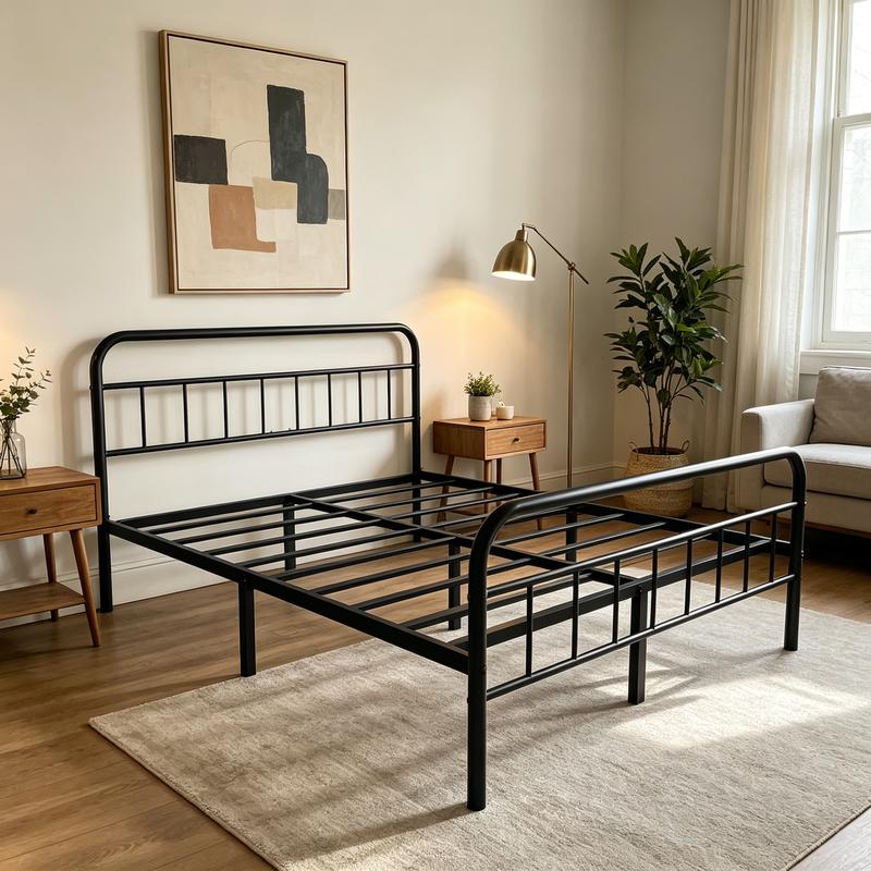 Cama Edenza de 14 pulgadas con cabecero: estructura de plataforma metálica elegante y moderna, sin necesidad de somier, silenciosa y de tamaño King, ideal para dormitorios modernos.